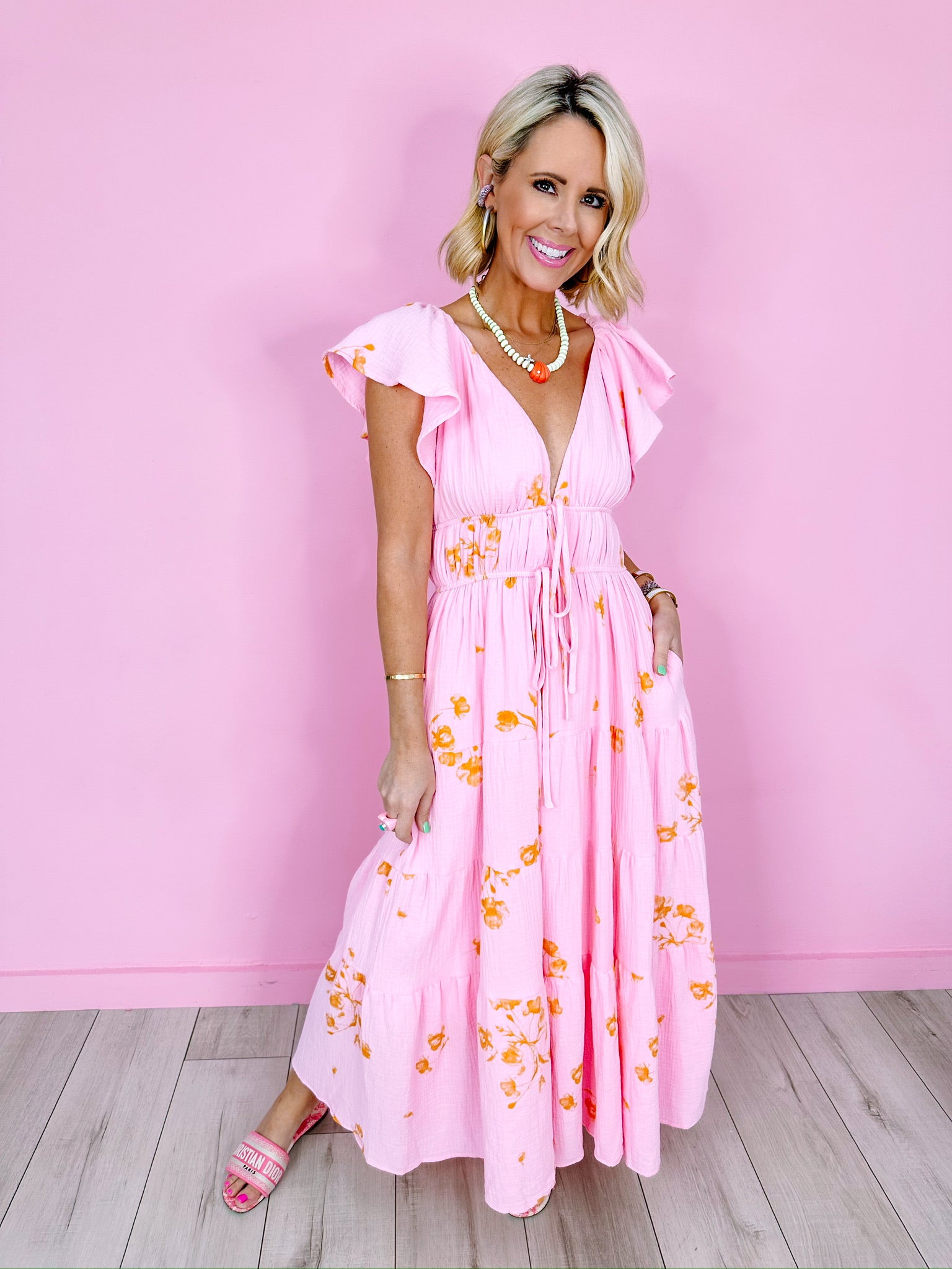 IN THE MOMENT FLORAL GAUZE MIDI DRESS - PINK