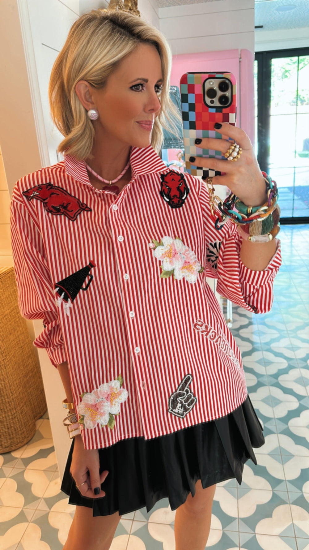 ARKANSAS ICON STRIPE BUTTON UP TOP - RED