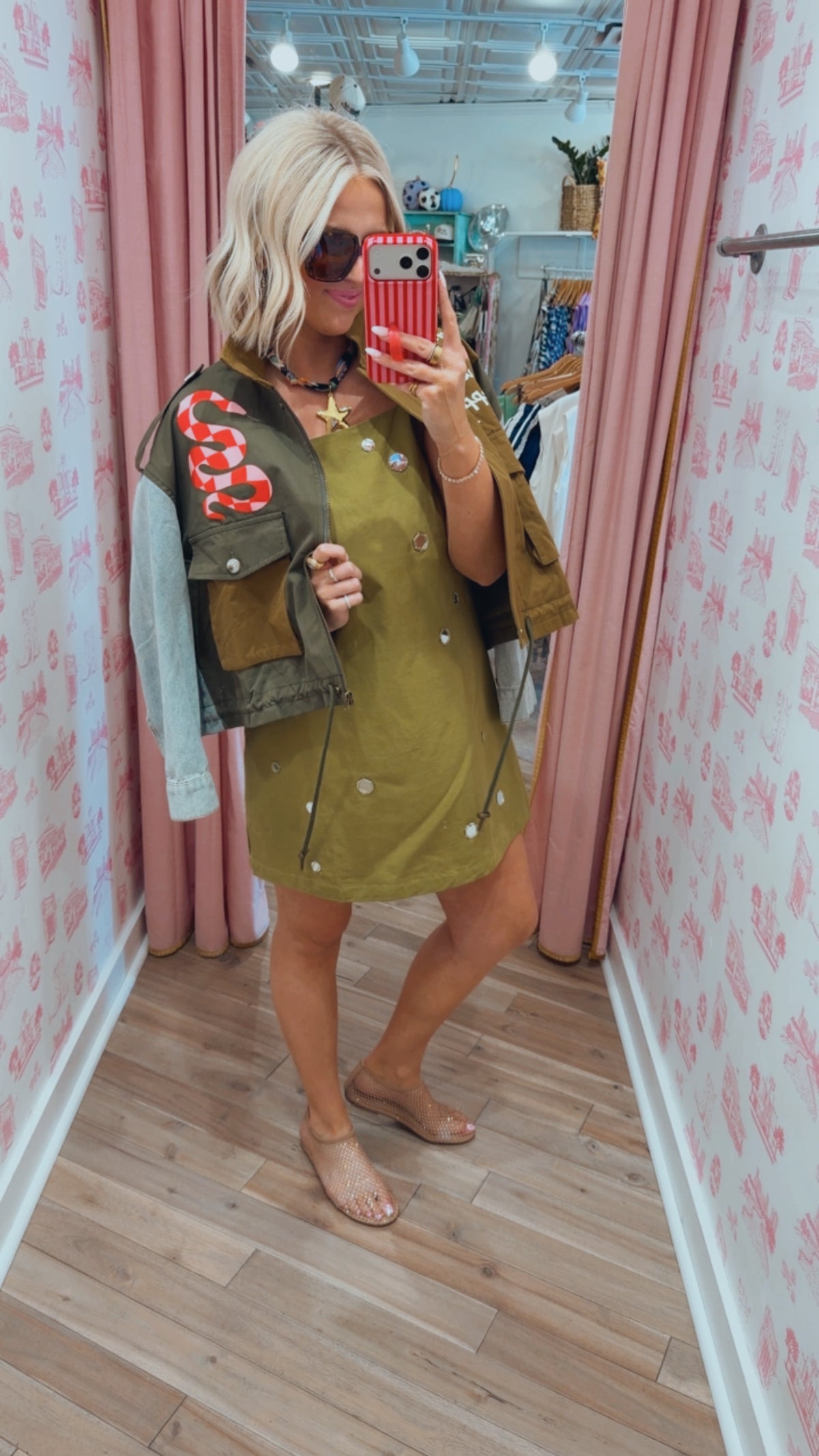 CATCH YOUR REFLECTION SCATTERED MIRROR DRESS - OLIVE