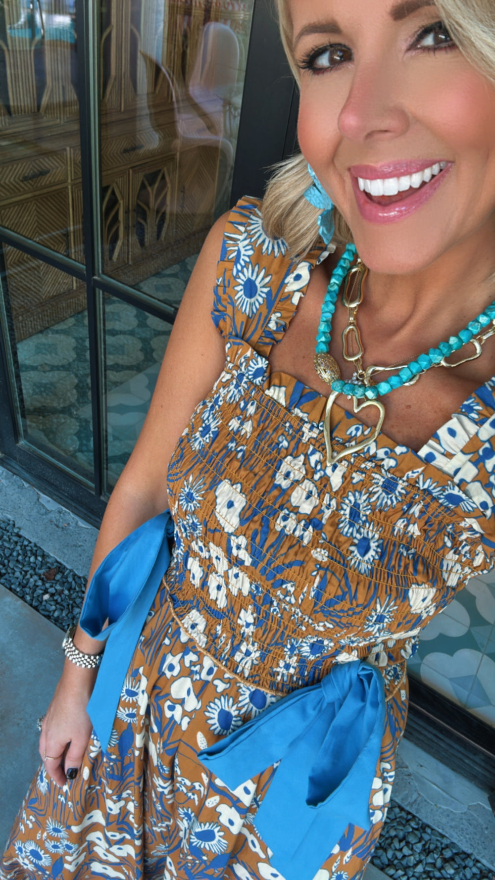 ELOISE FLORAL SMOCKED BOW MIDI DRESS - BROWN