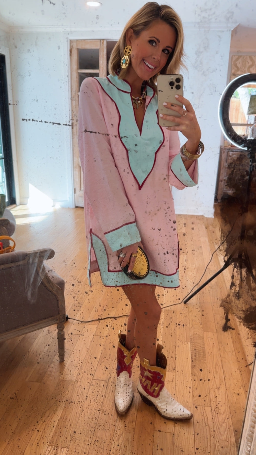 SANTA FE SKIES V NECK TUNIC DRESS - PINK