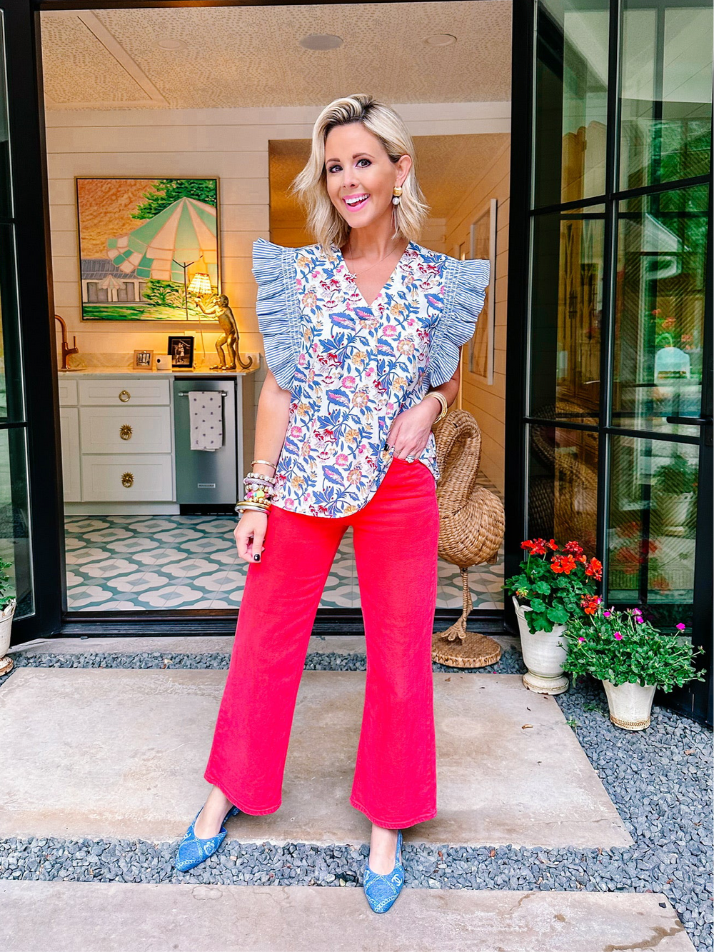 WENDY WILDFLOWERS RUFFLE SLEEVE TOP - BLUE