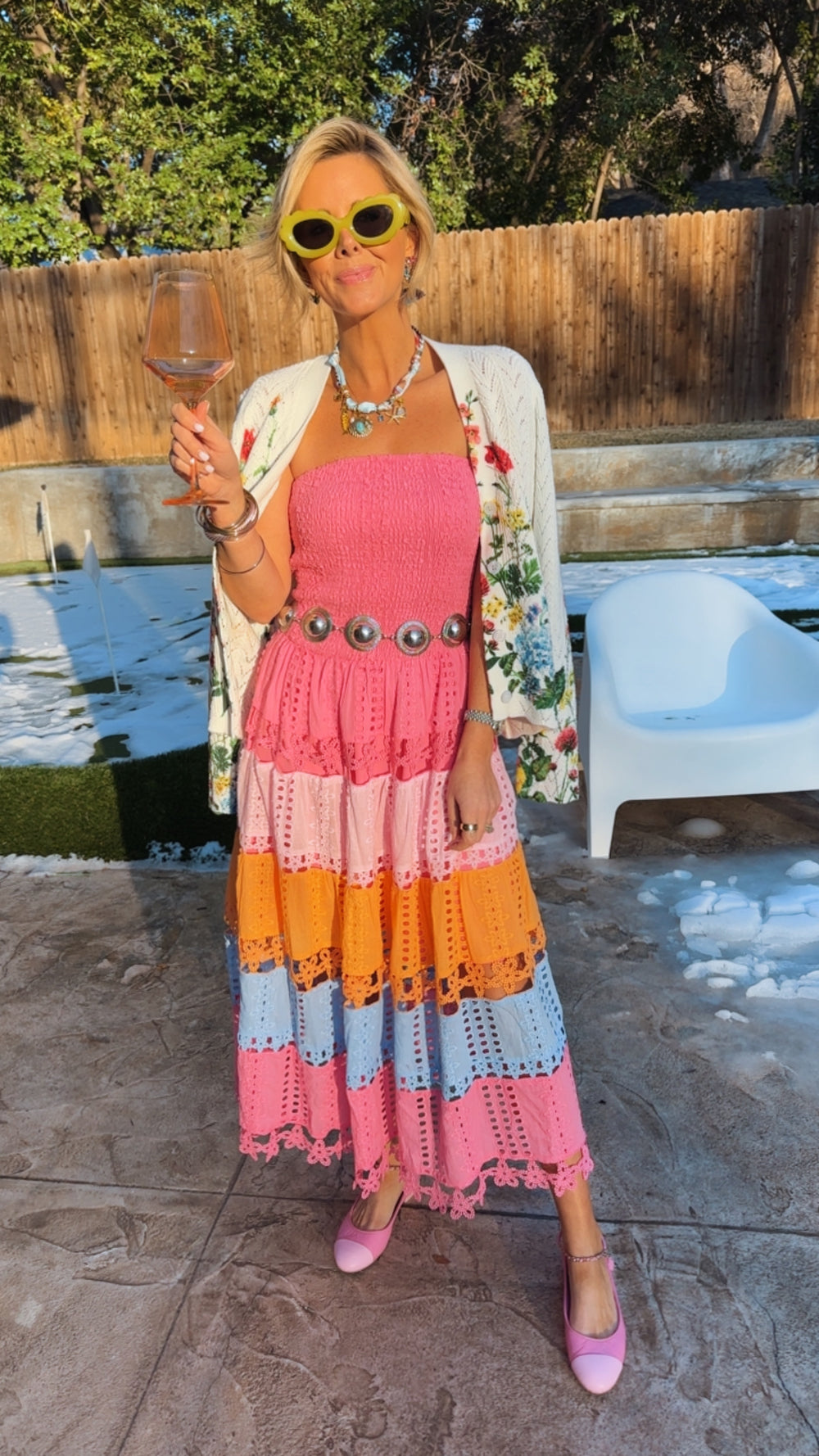 TIFFANY COLORBLOCK EYELET FLORAL STRAPLESS MIDI DRESS - PINK