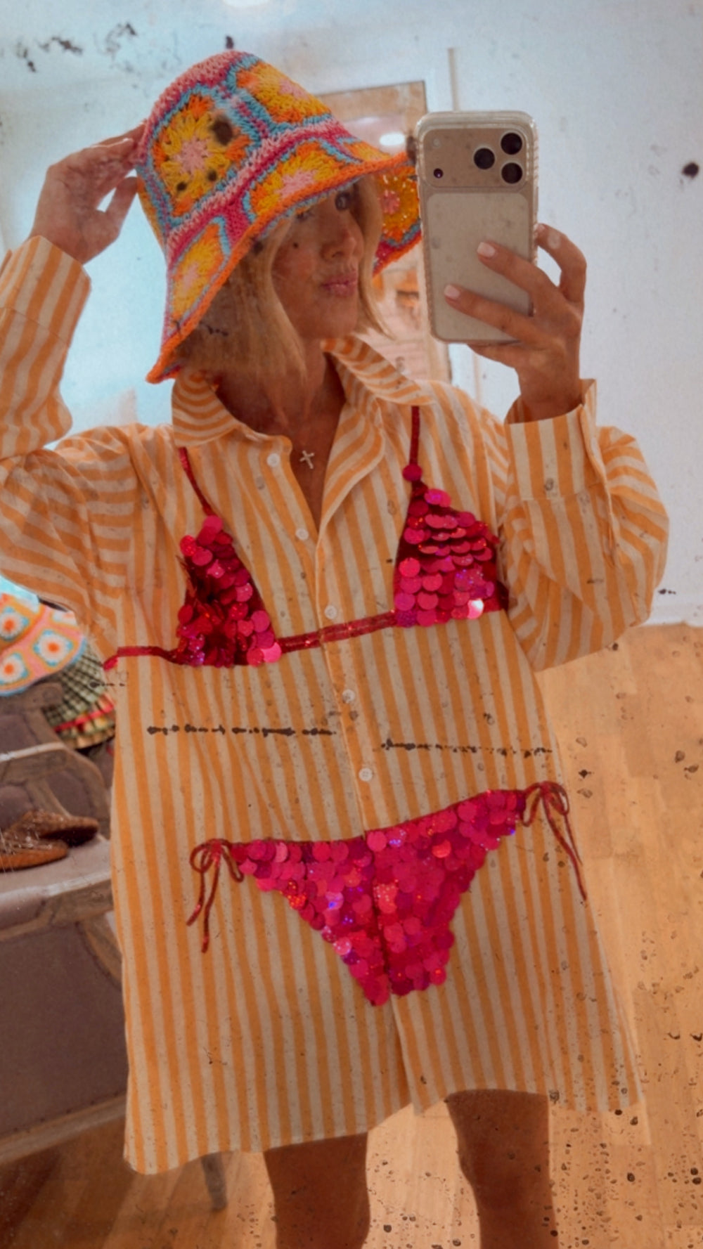PAYTON PAILLETTE BIKINI STRIPE TUNIC - ORANGE/PINK