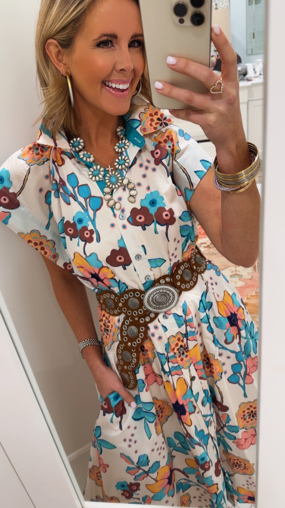 HAPPY GO FLORAL BUTTON UP MIDI DRESS - BLUE/WHITE