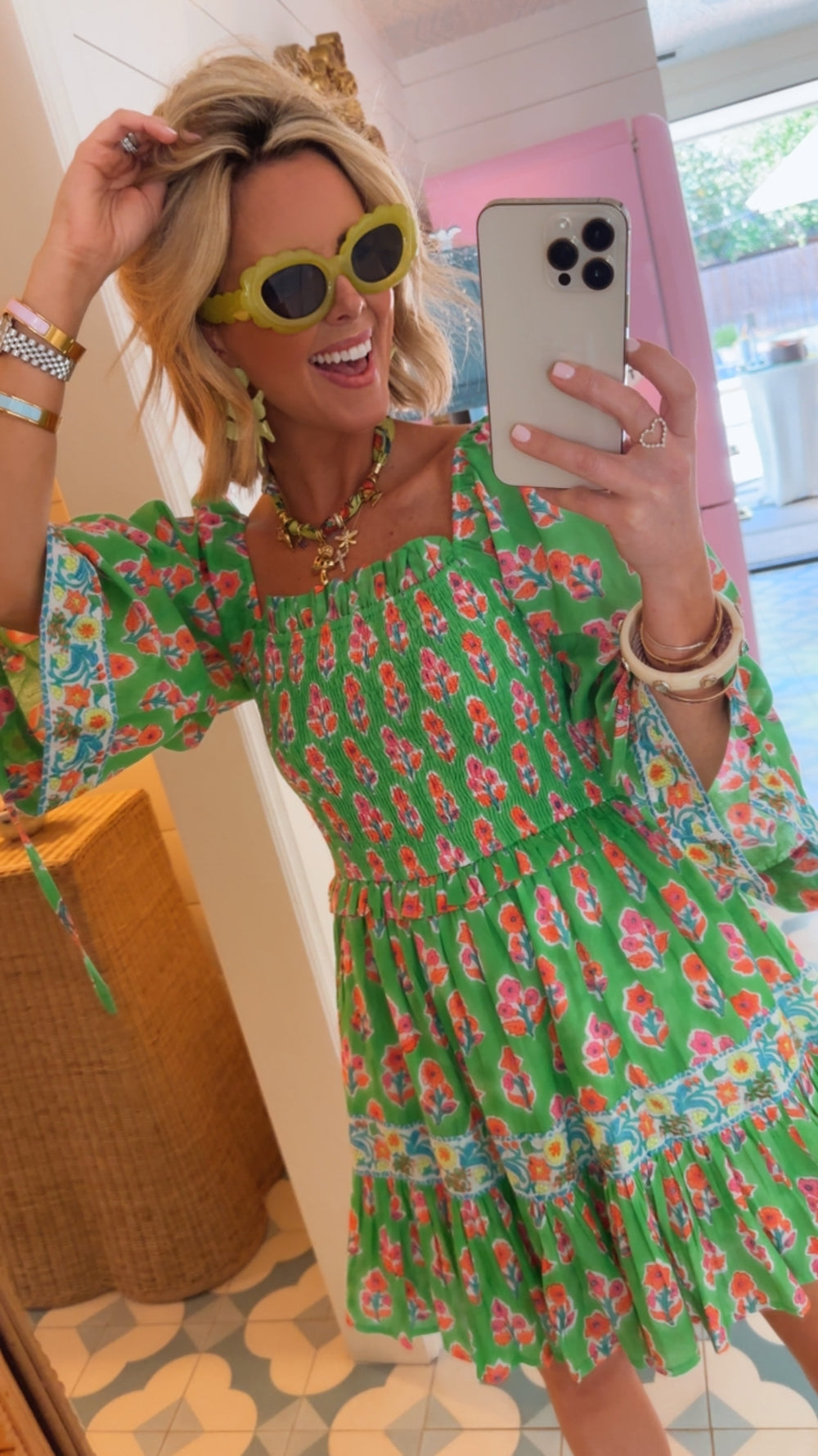 PICK ME FLORAL BLOCK SMOCKED DRESS - GREEN