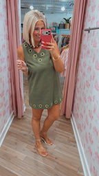 GIA GROMMET V NECK DRESS - GREEN