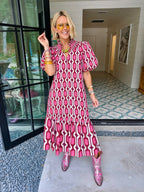 A LASTING CONNECTION GEOMETRIC CHAIN LINK MIDI DRESS - PINK