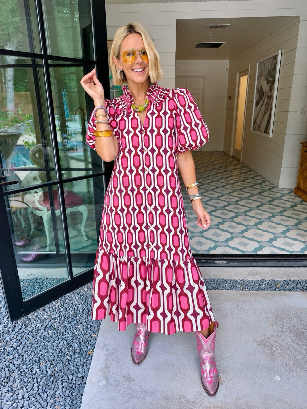 A LASTING CONNECTION GEOMETRIC CHAIN LINK MIDI DRESS - PINK