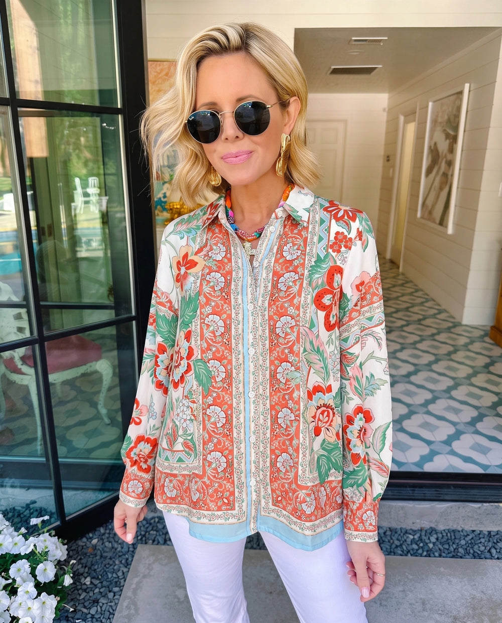 ALL YOURS SILKY FLORAL BUTTON UP TOP - CREAM