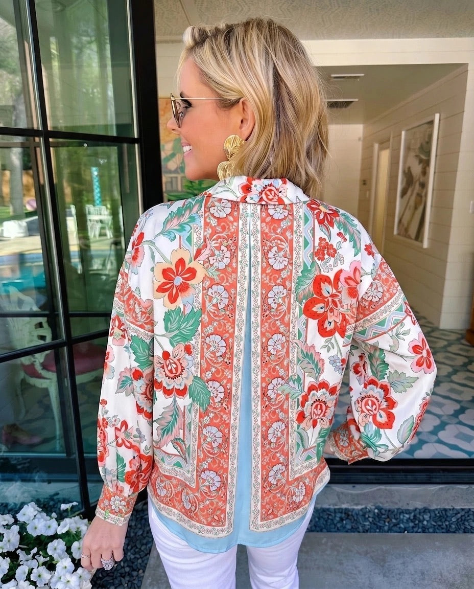 ALL YOURS SILKY FLORAL BUTTON UP TOP - CREAM