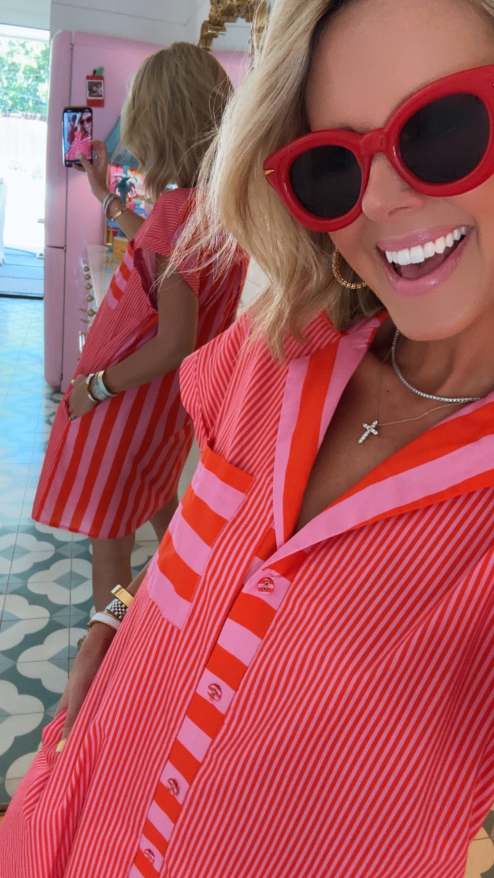 PERFECTLY ALIGNED CONTRAST STRIPE BUTTON UP DRESS - PINK/ORANGE