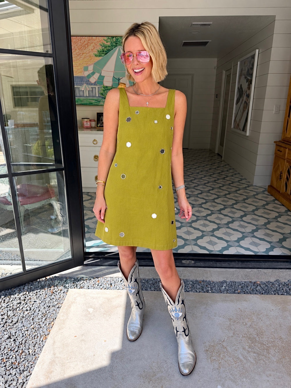 CATCH YOUR REFLECTION SCATTERED MIRROR DRESS - OLIVE