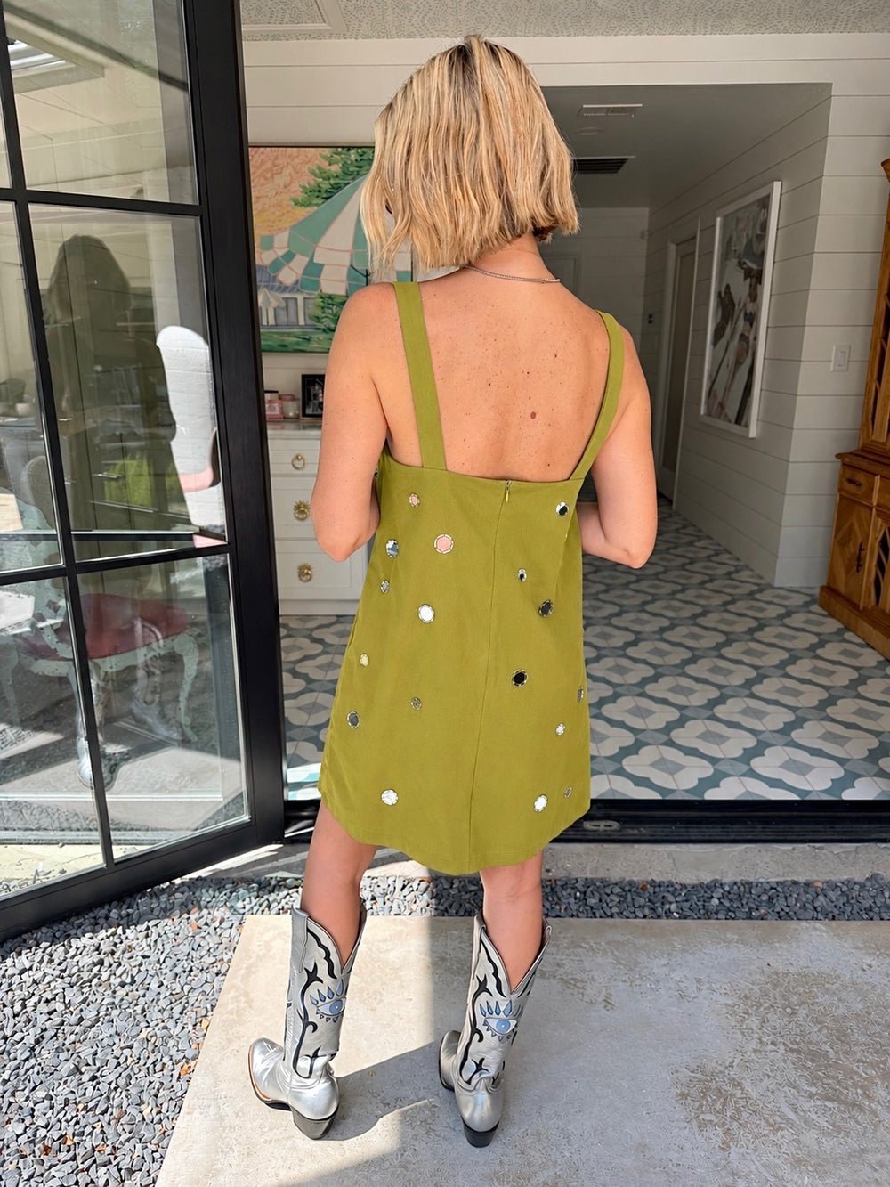 CATCH YOUR REFLECTION SCATTERED MIRROR DRESS - OLIVE