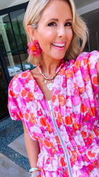 PAINT POPPIES ZIP UP MIDI DRESS - PINK