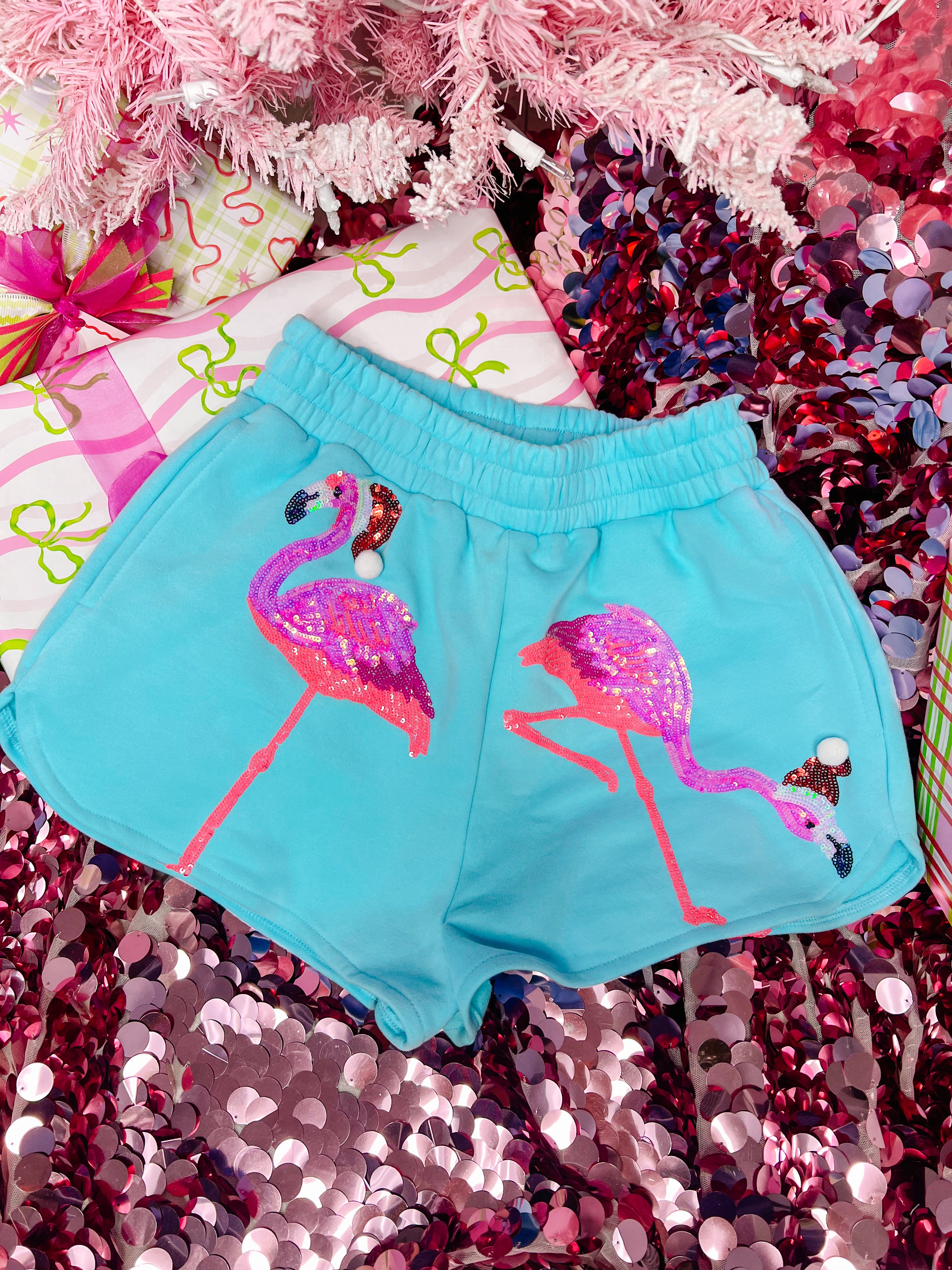 FLAMINGO SANTA HAT SHORTS - AQUA