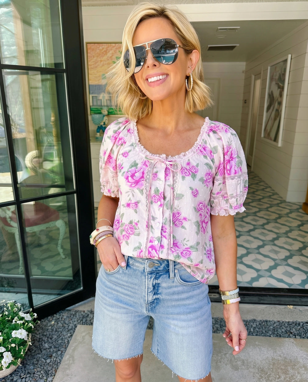 EMMIE SWISS DOT ROSE PUFF SLEEVE TOP - PINK