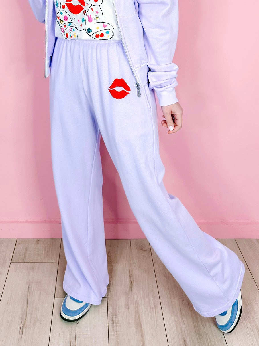 JUVIA POP ELEMENTS BEAR WIDE LEG PANTS - LAVENDER