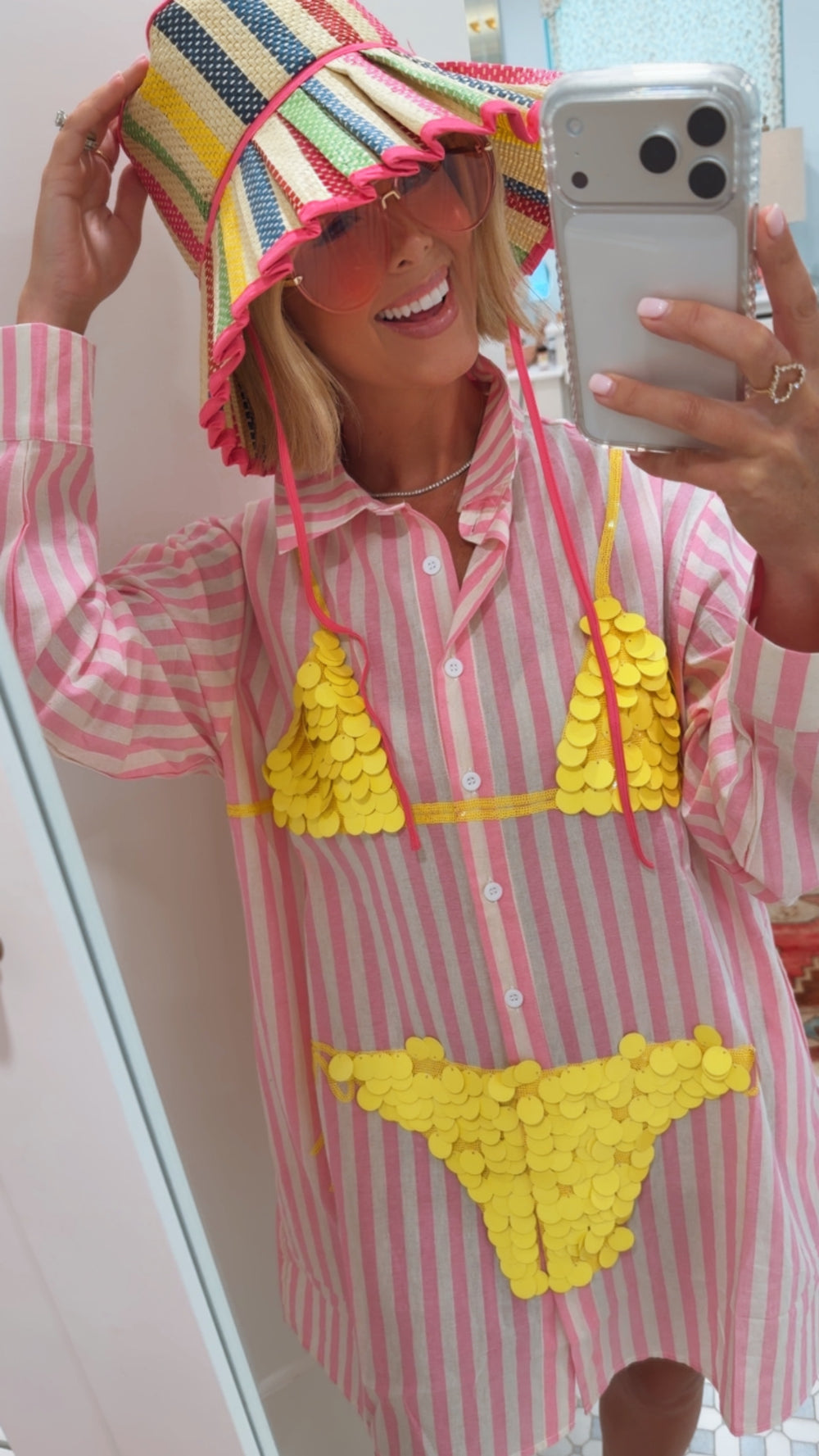 PAYTON PAILLETTE BIKINI STRIPE TUNIC - PINK/YELLOW