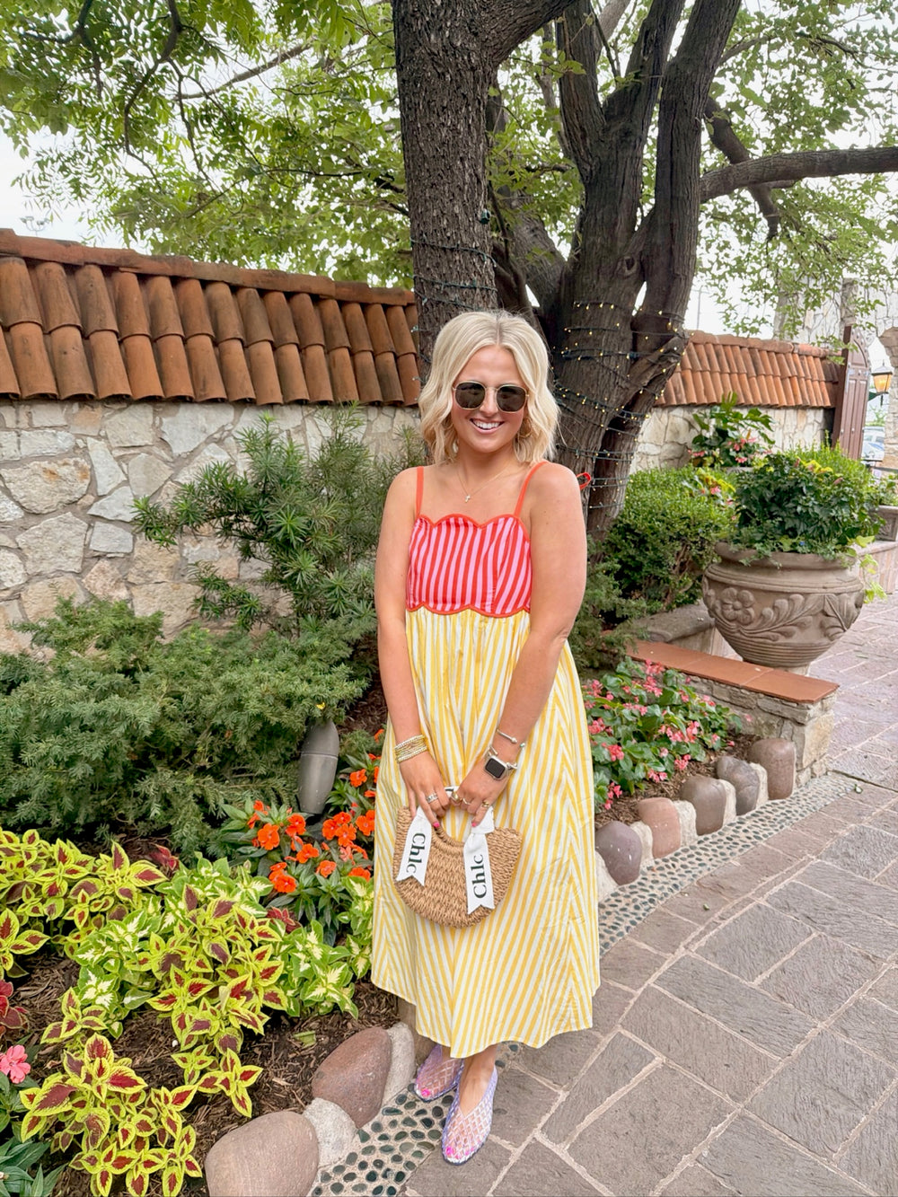 BRIGHTER DAYS AHEAD SCALLOP STRIPE MIDI DRESS - YELLOW/CORAL