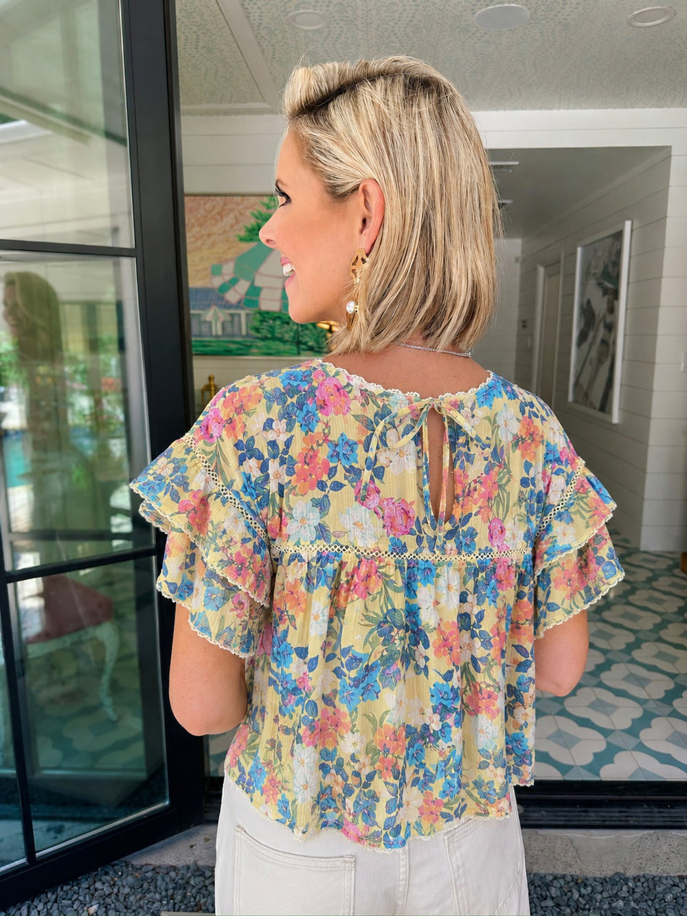 GARDEN MUSE PLEATED LACE TRIM TOP - YELLOW