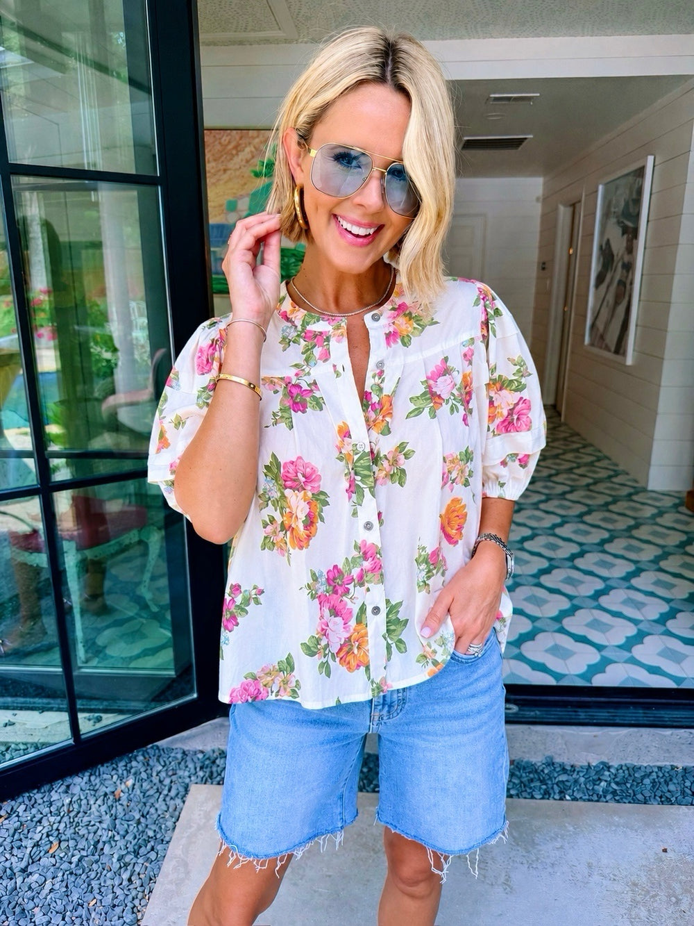 GRACEY FLORAL PUFF SLEEVE TOP - WHITE