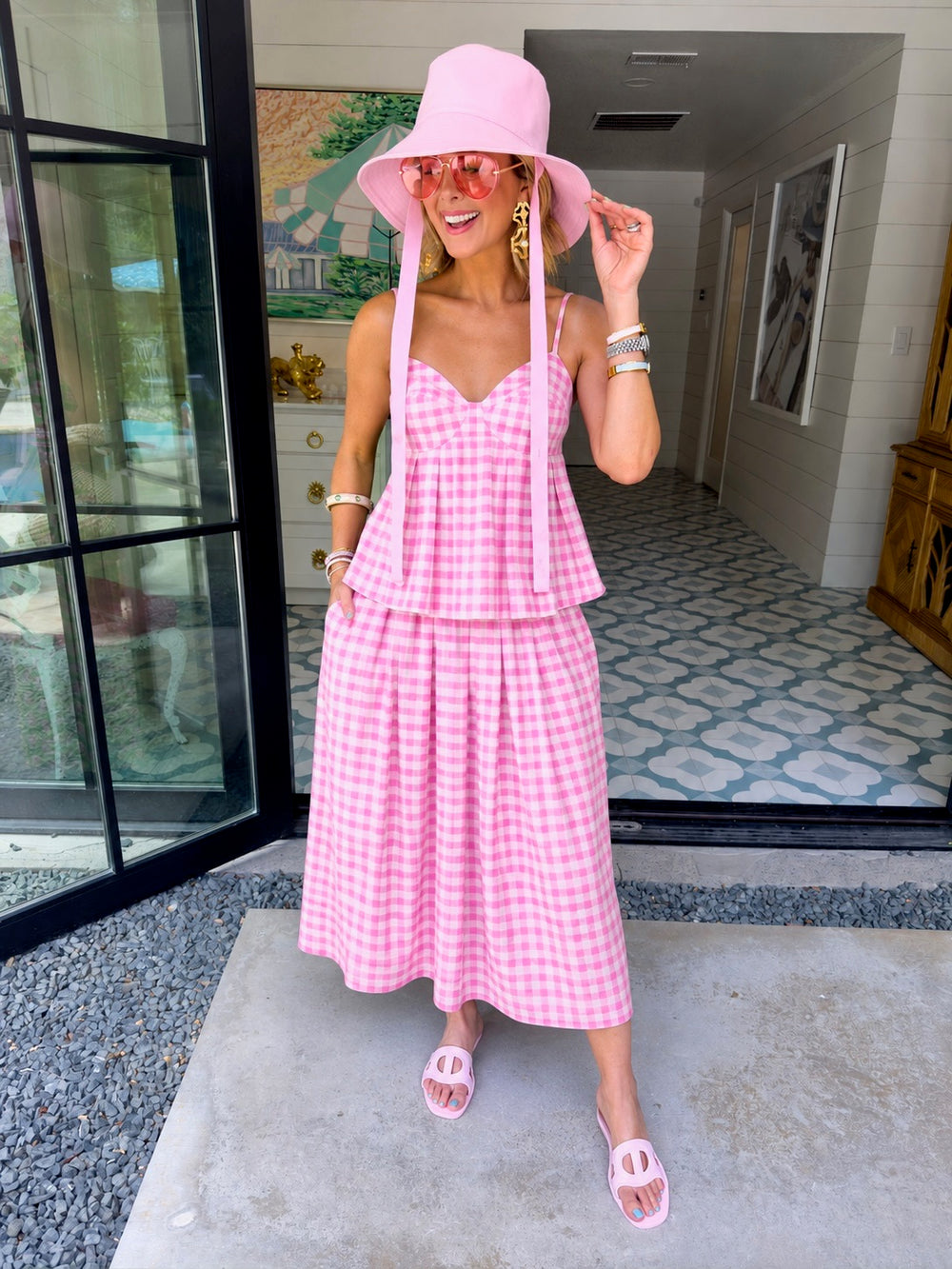 GUIDED BY GRACE GINGHAM MIDI SKIRT SET - PINK