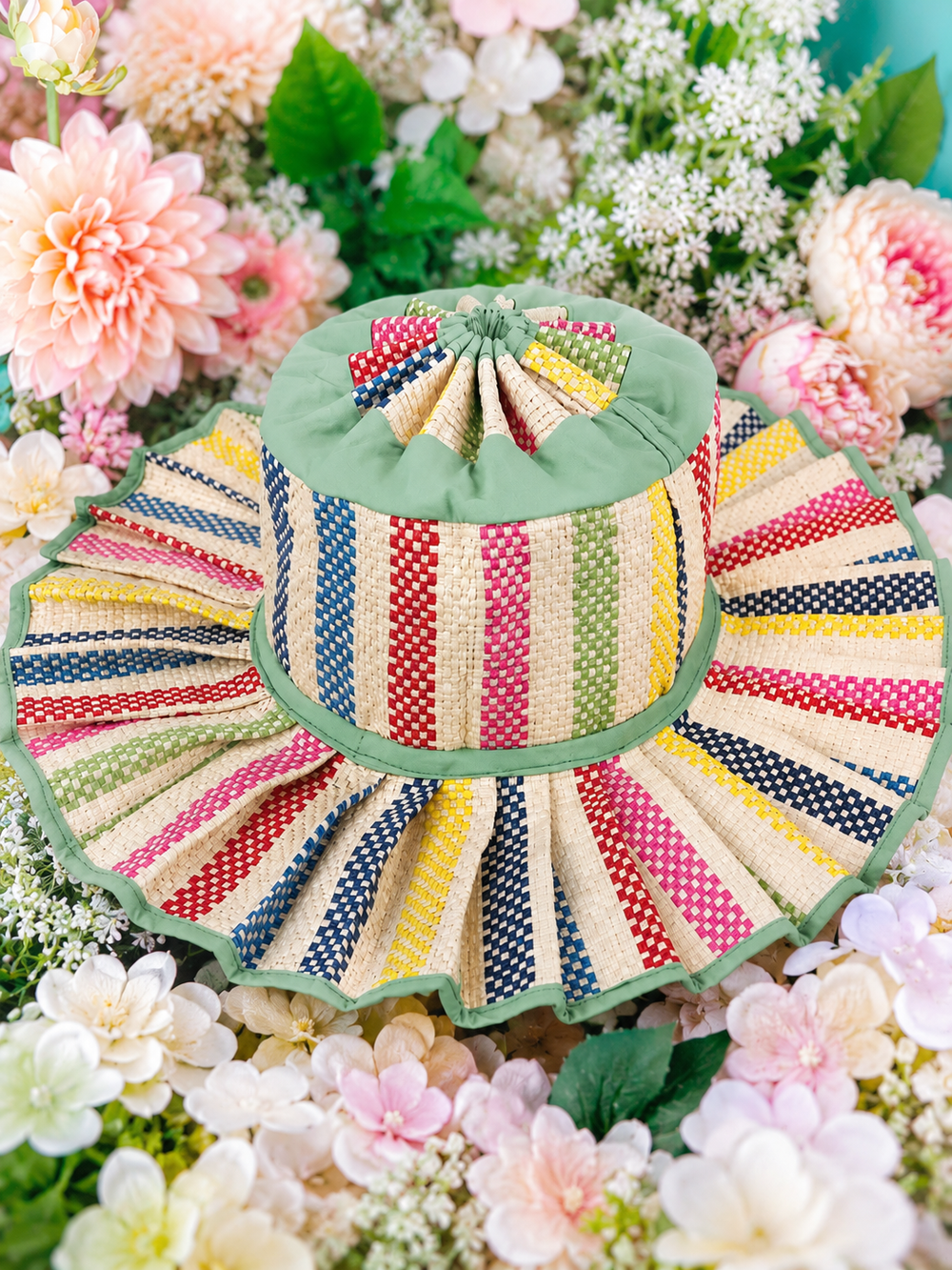 KATHY PLEATED STRAW SUN HAT - GREEN MULTI