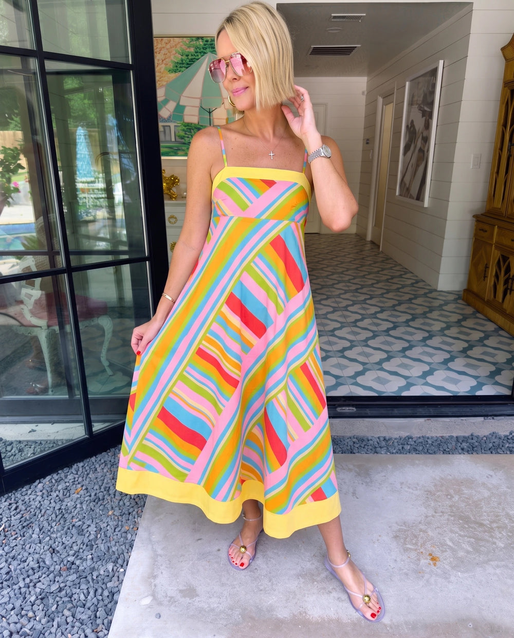 HERE COMES THE SUN DIAGONAL STRIPE MIDI DRESS