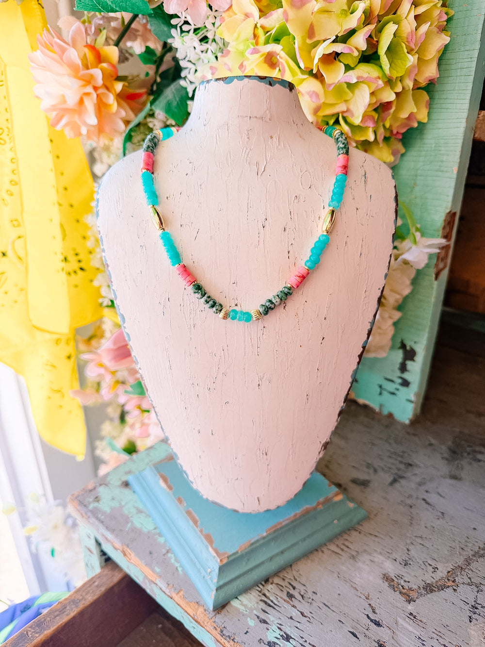 GEMMA TILE GEMSTONE NECKLACE - AQUA/PINK