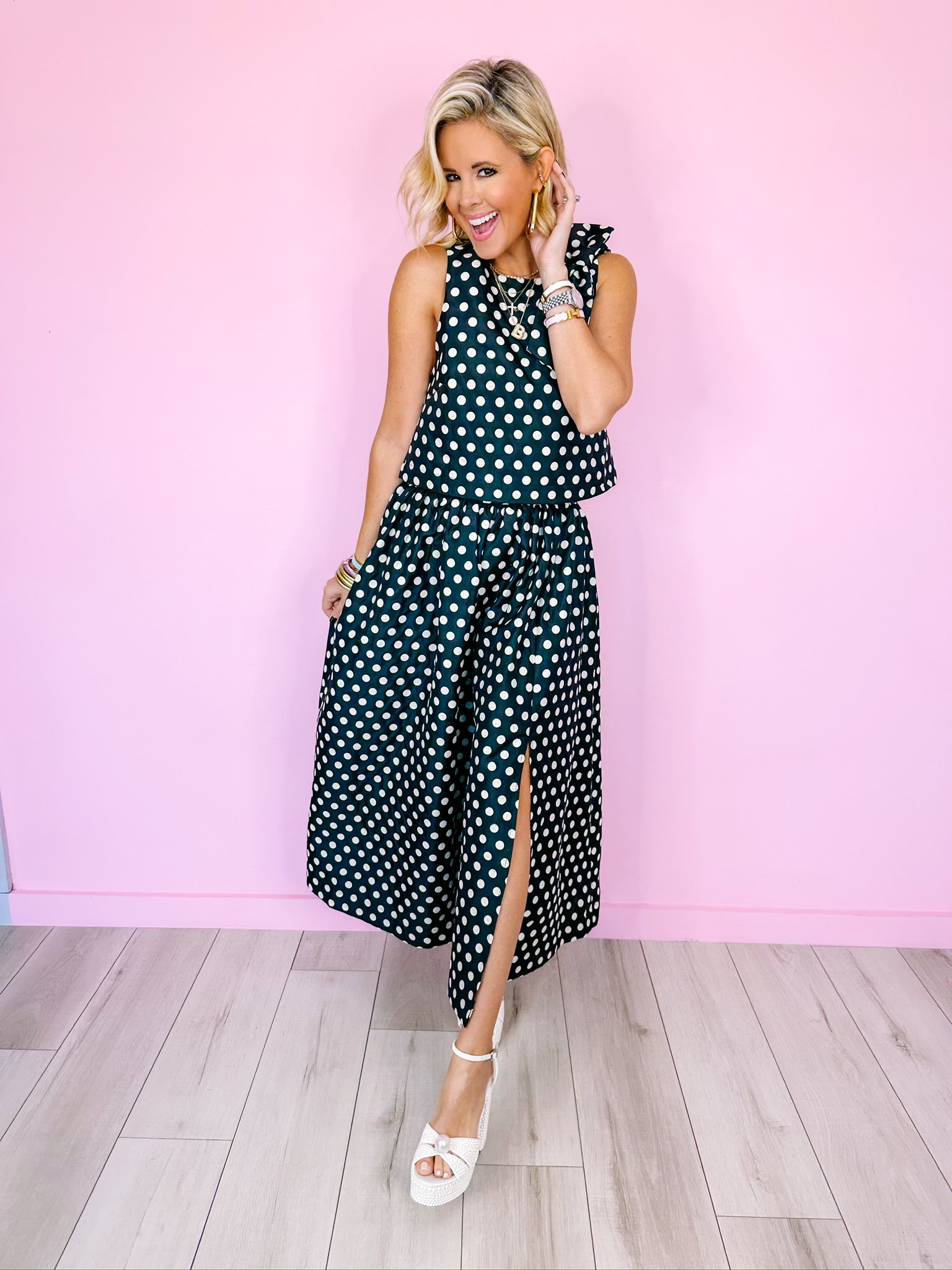 SHE'S THE MOMENT POLKA DOT SKIRT SET - BLACK