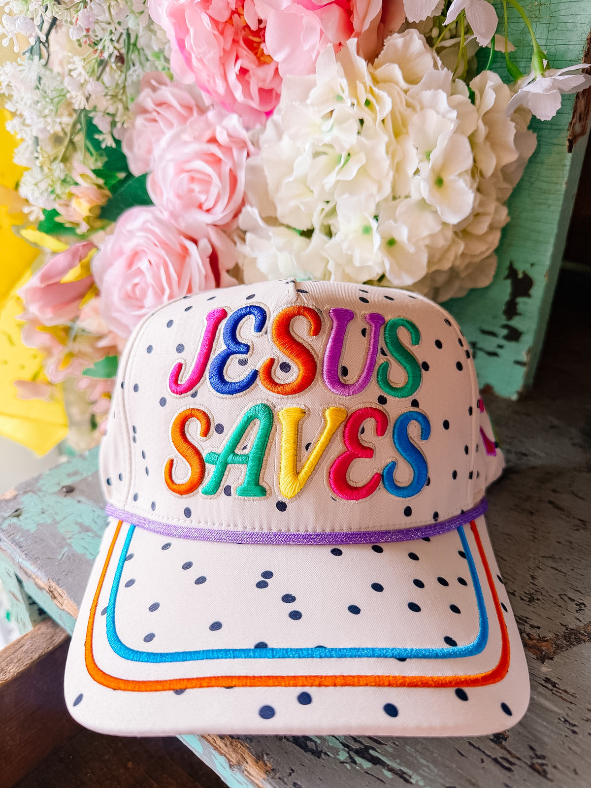 JESUS SAVES POLKA DOT CANVAS TRUCKER HAT