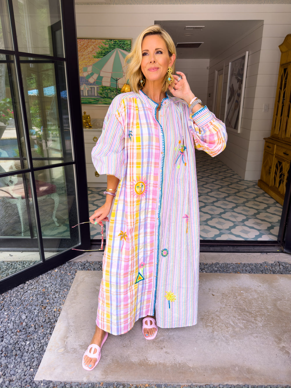 PREORDER SUN SEEKER PLAID STRIPE EMBROIDERED BUTTON UP DRESS