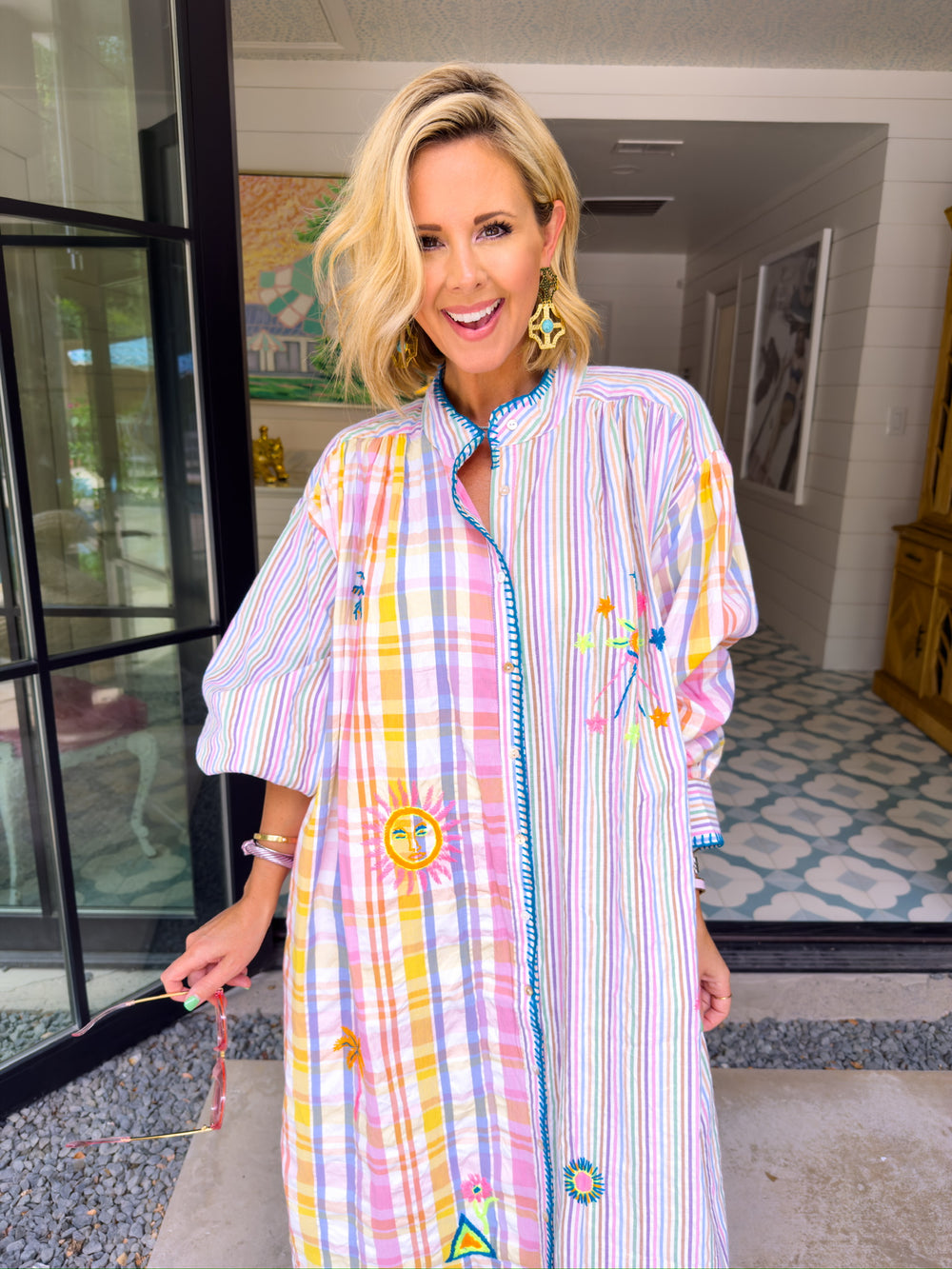 PREORDER SUN SEEKER PLAID STRIPE EMBROIDERED BUTTON UP DRESS