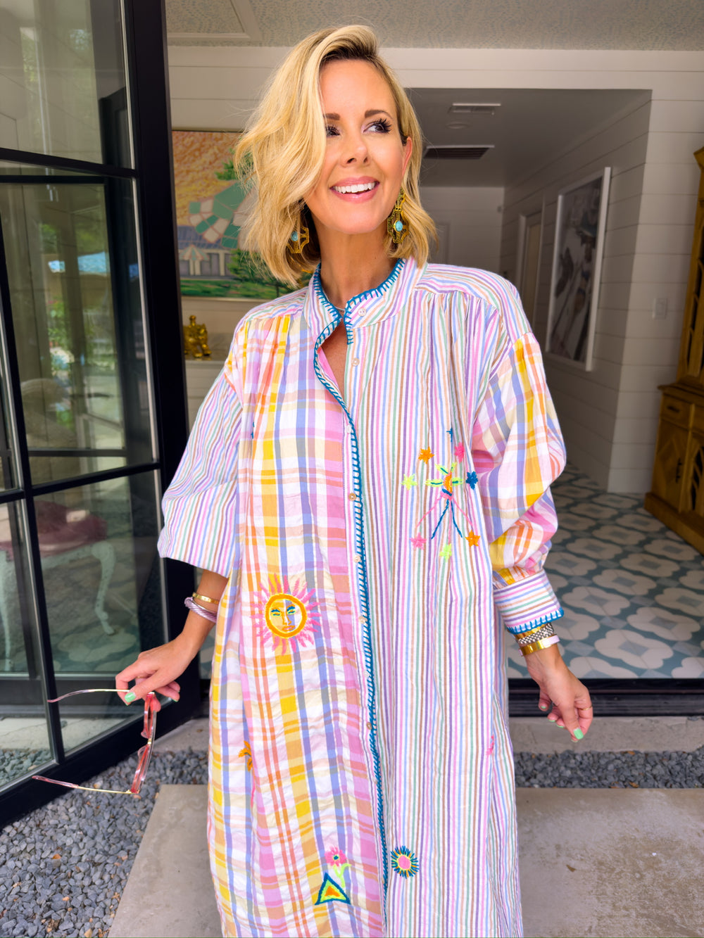 PREORDER SUN SEEKER PLAID STRIPE EMBROIDERED BUTTON UP DRESS