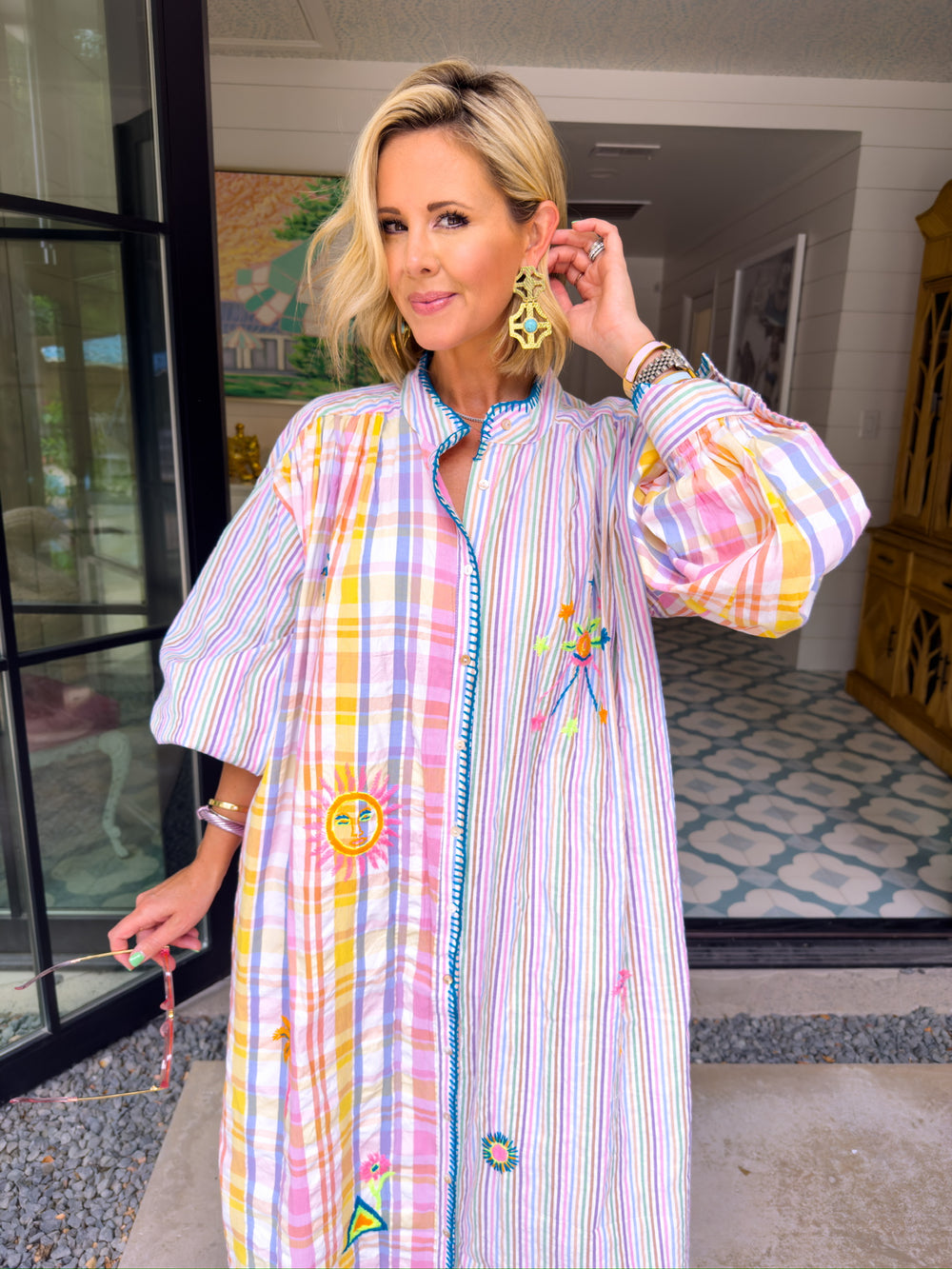 PREORDER SUN SEEKER PLAID STRIPE EMBROIDERED BUTTON UP DRESS