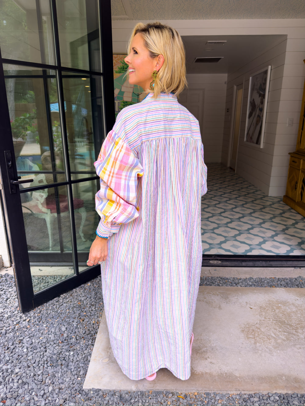 PREORDER SUN SEEKER PLAID STRIPE EMBROIDERED BUTTON UP DRESS