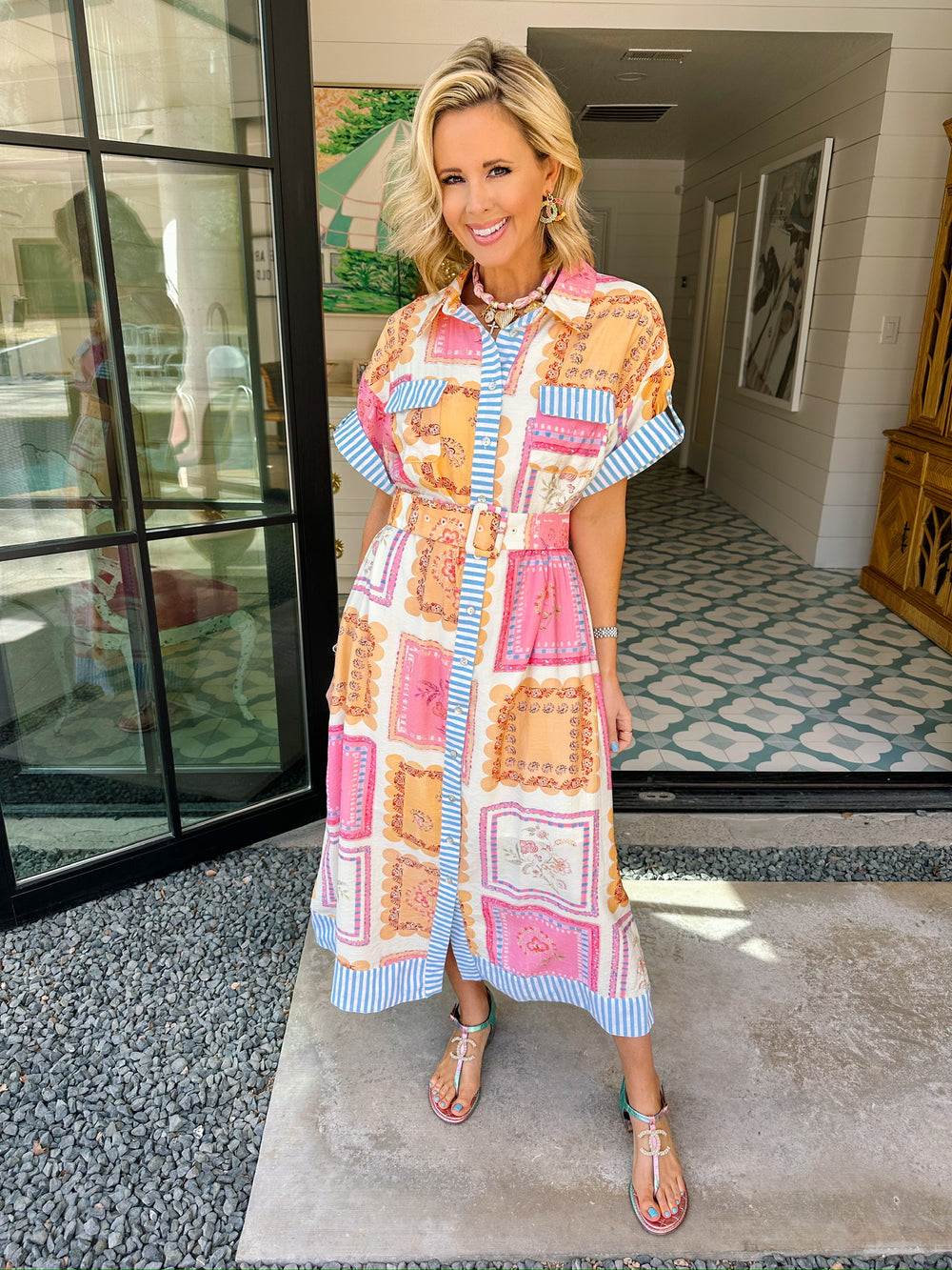 YOU MADE ME BLUSH STRIPE TRIM MIDI DRESS - PINK/PEACH