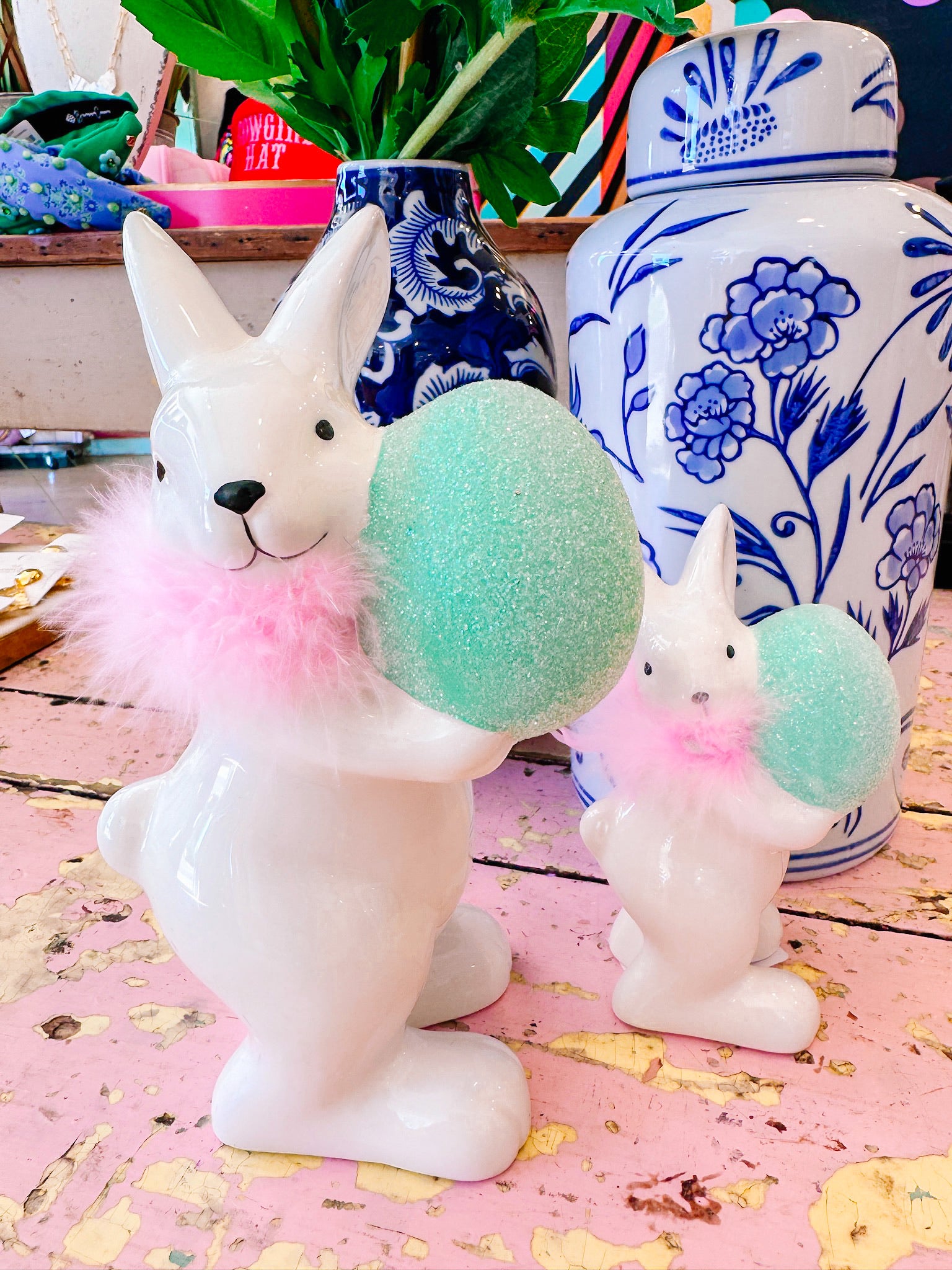 CERAMIC COLORED EGG BUNNY - LARGE 8.25"