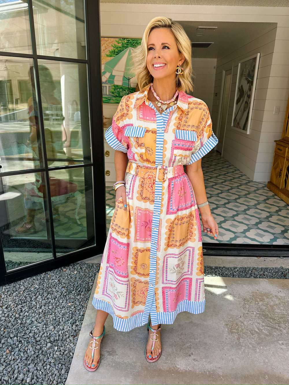 YOU MADE ME BLUSH STRIPE TRIM MIDI DRESS - PINK/PEACH