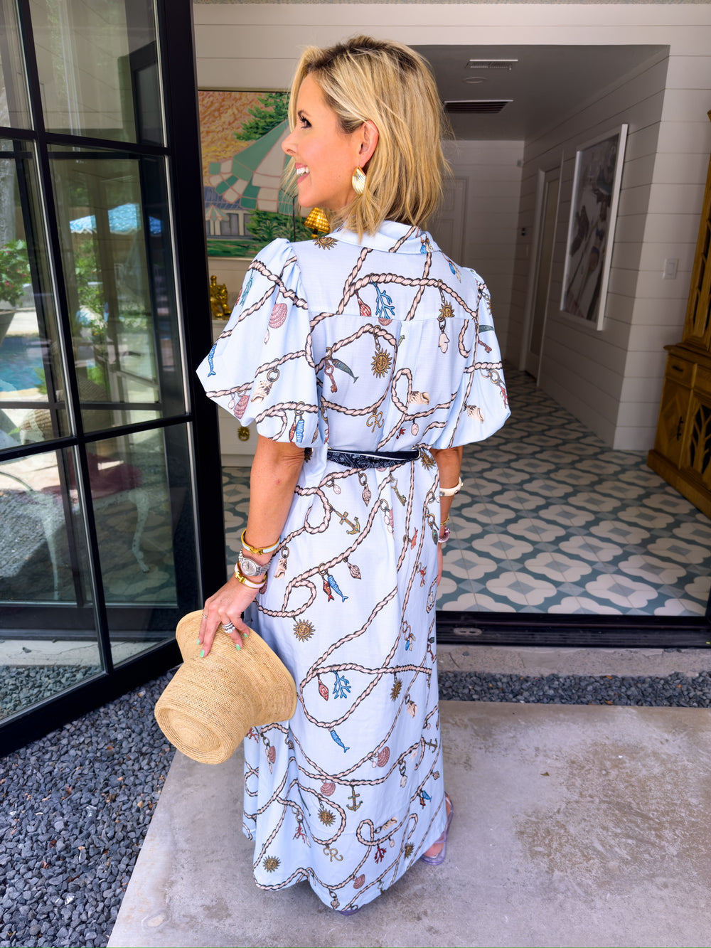 EVERY TIDE TELLS A STORY ROPE BUTTON UP BELTED DRESS - BLUE