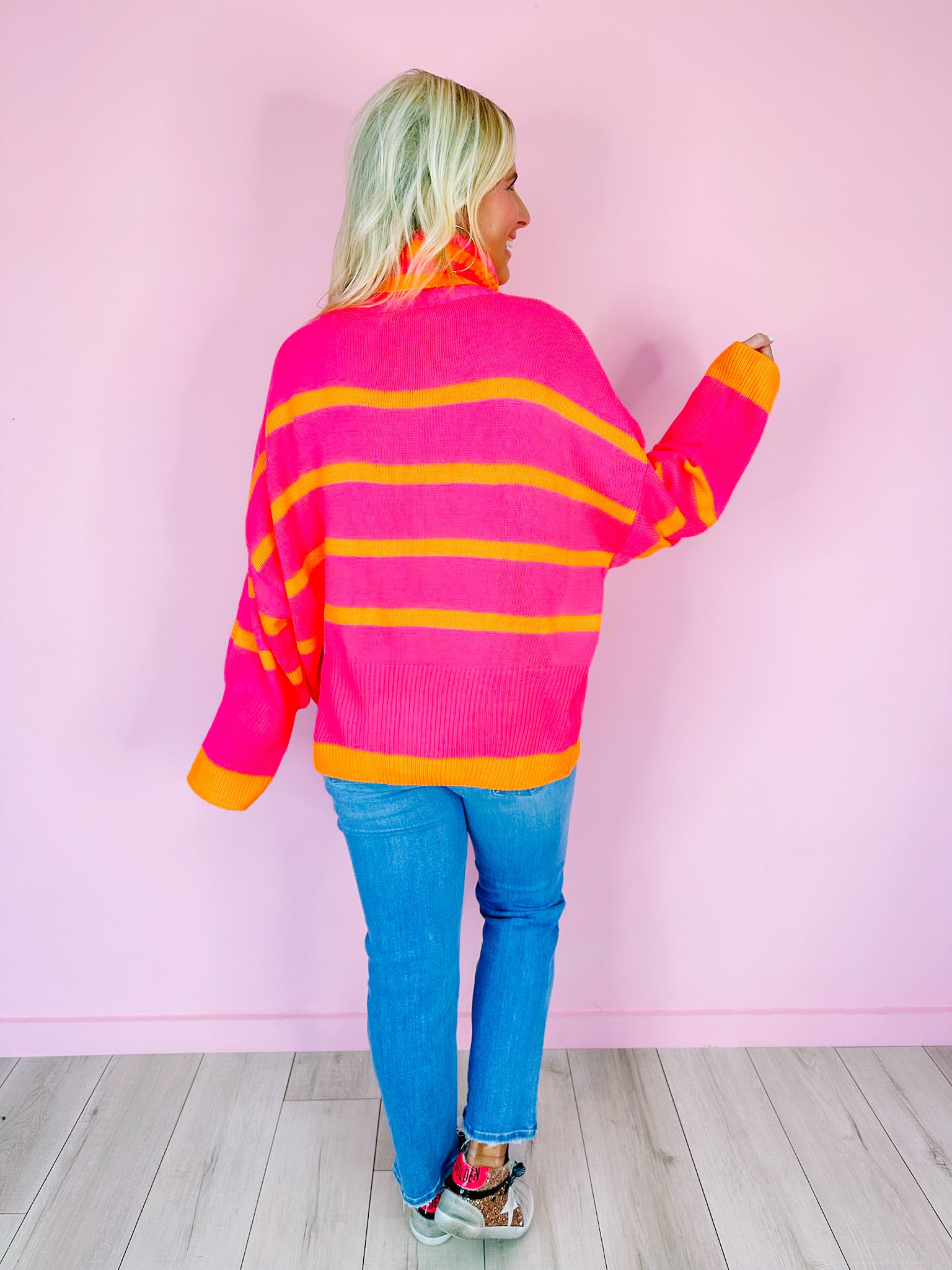 TRINA STRIPE TURTLENECK SWEATER - PINK/ORANGE