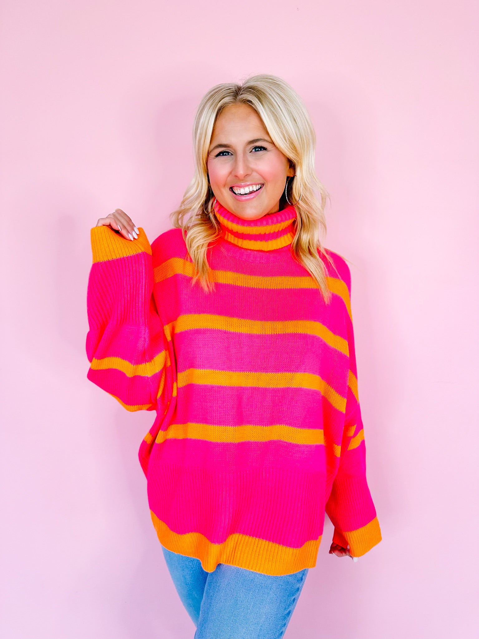 TRINA STRIPE TURTLENECK SWEATER - PINK/ORANGE