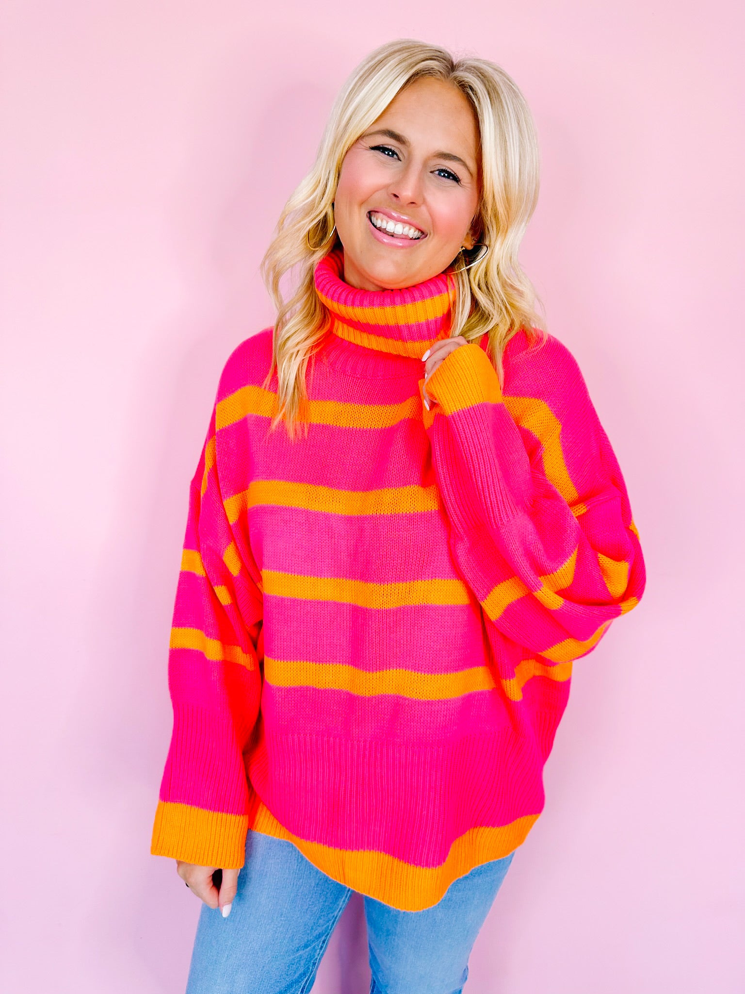 TRINA STRIPE TURTLENECK SWEATER - PINK/ORANGE