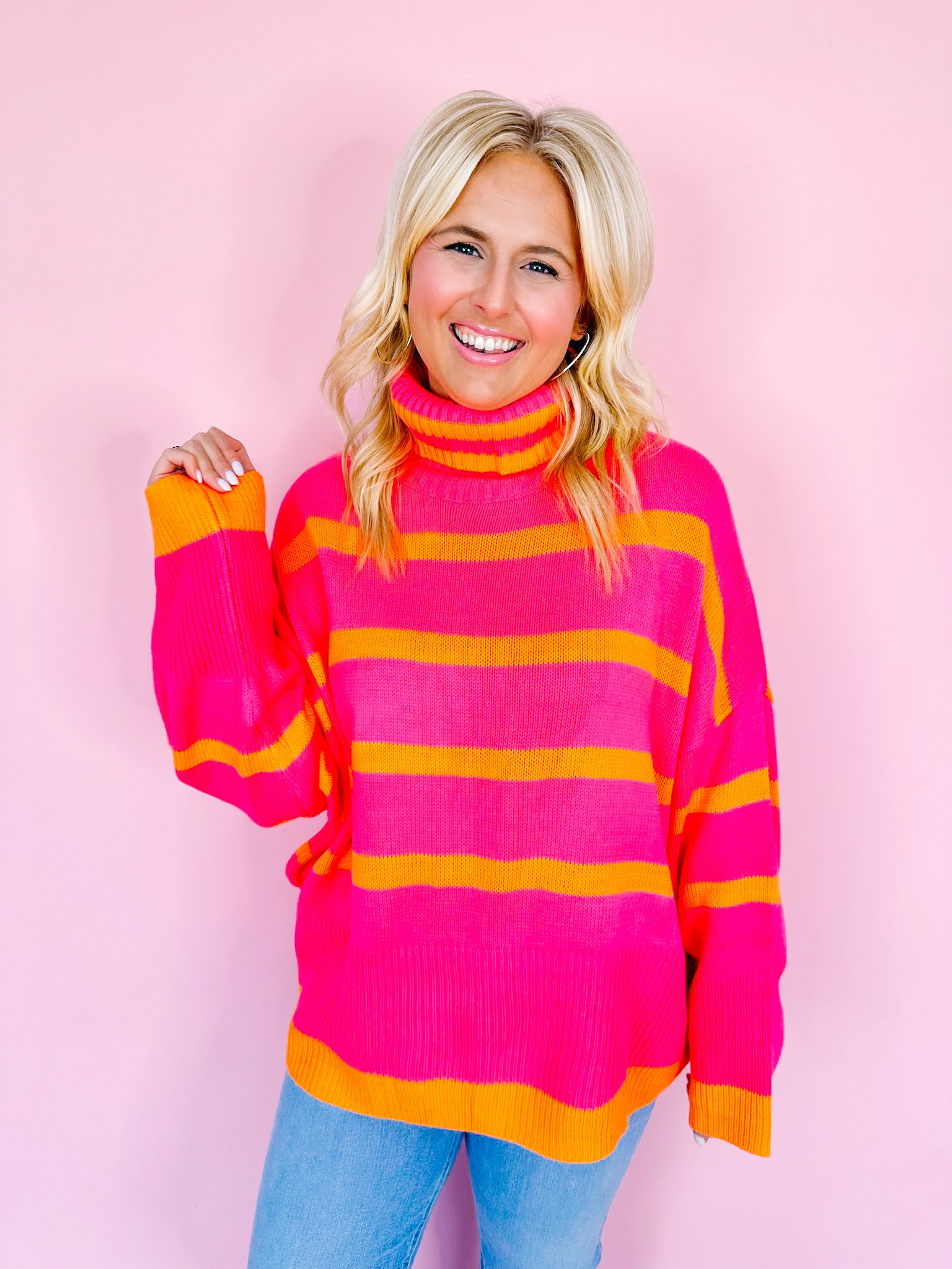 TRINA STRIPE TURTLENECK SWEATER - PINK/ORANGE