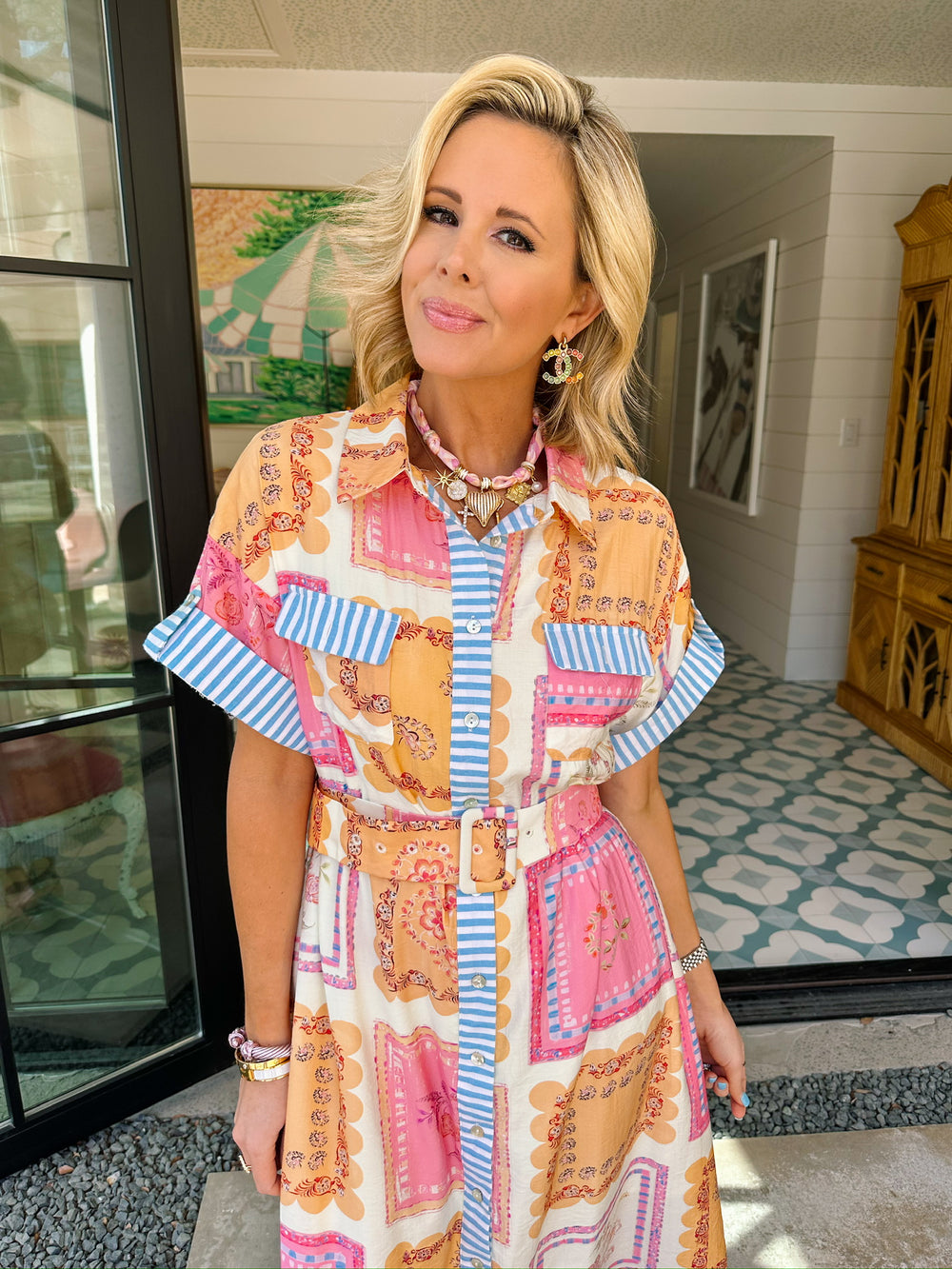 YOU MADE ME BLUSH STRIPE TRIM MIDI DRESS - PINK/PEACH