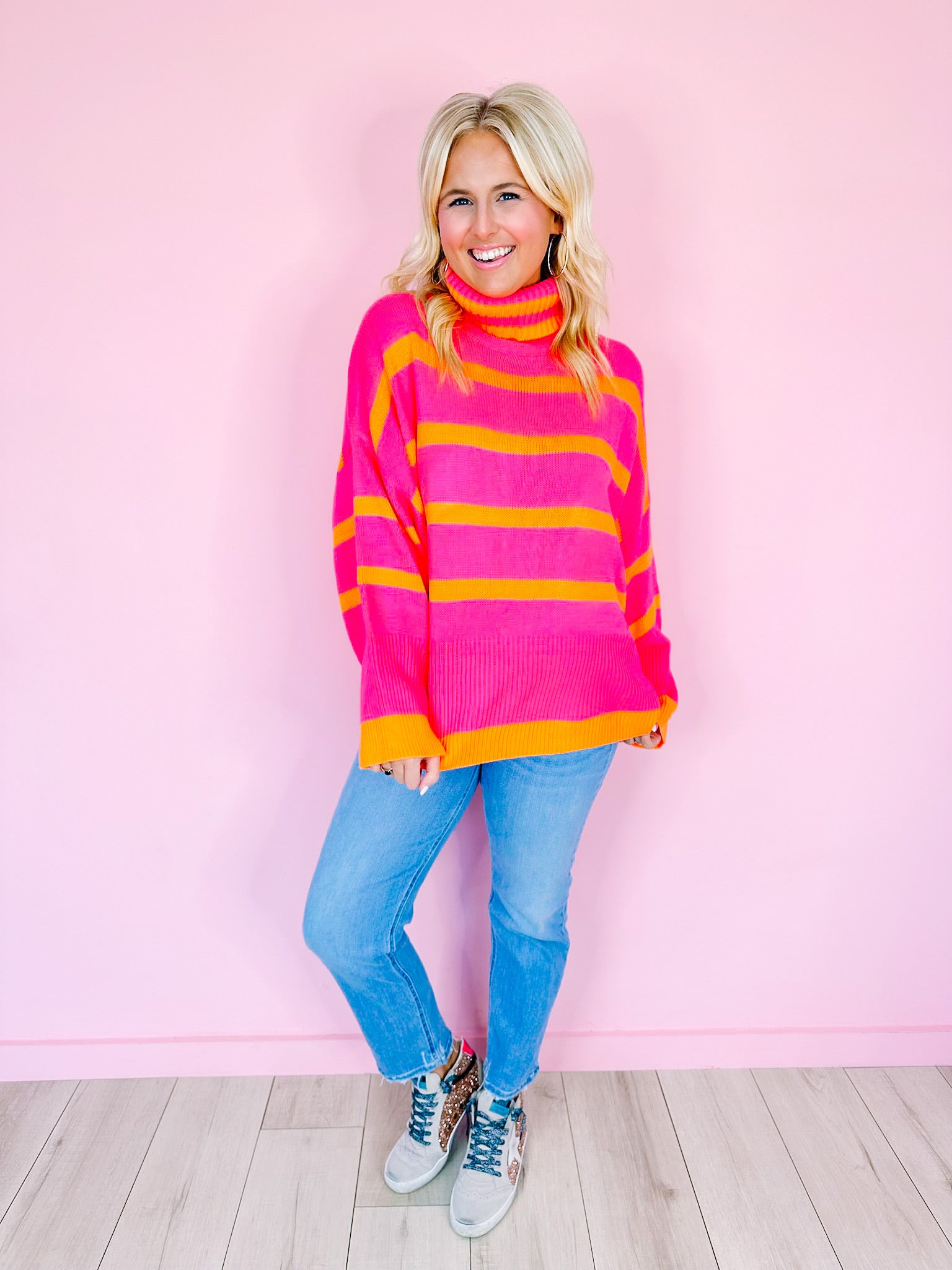 TRINA STRIPE TURTLENECK SWEATER - PINK/ORANGE