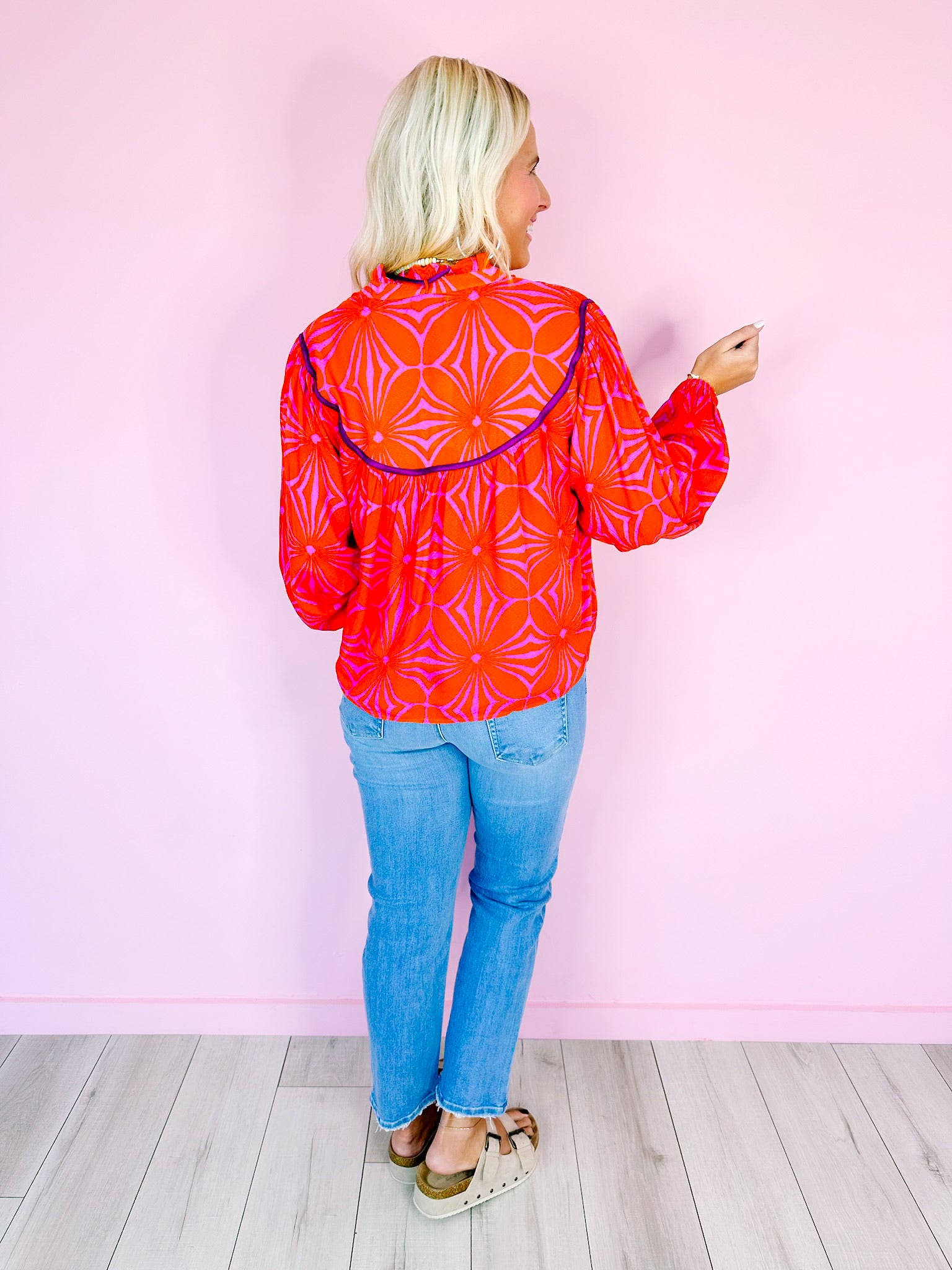 BELLA BUTTON UP LONG SLEEVE TOP - ORANGE/PINK