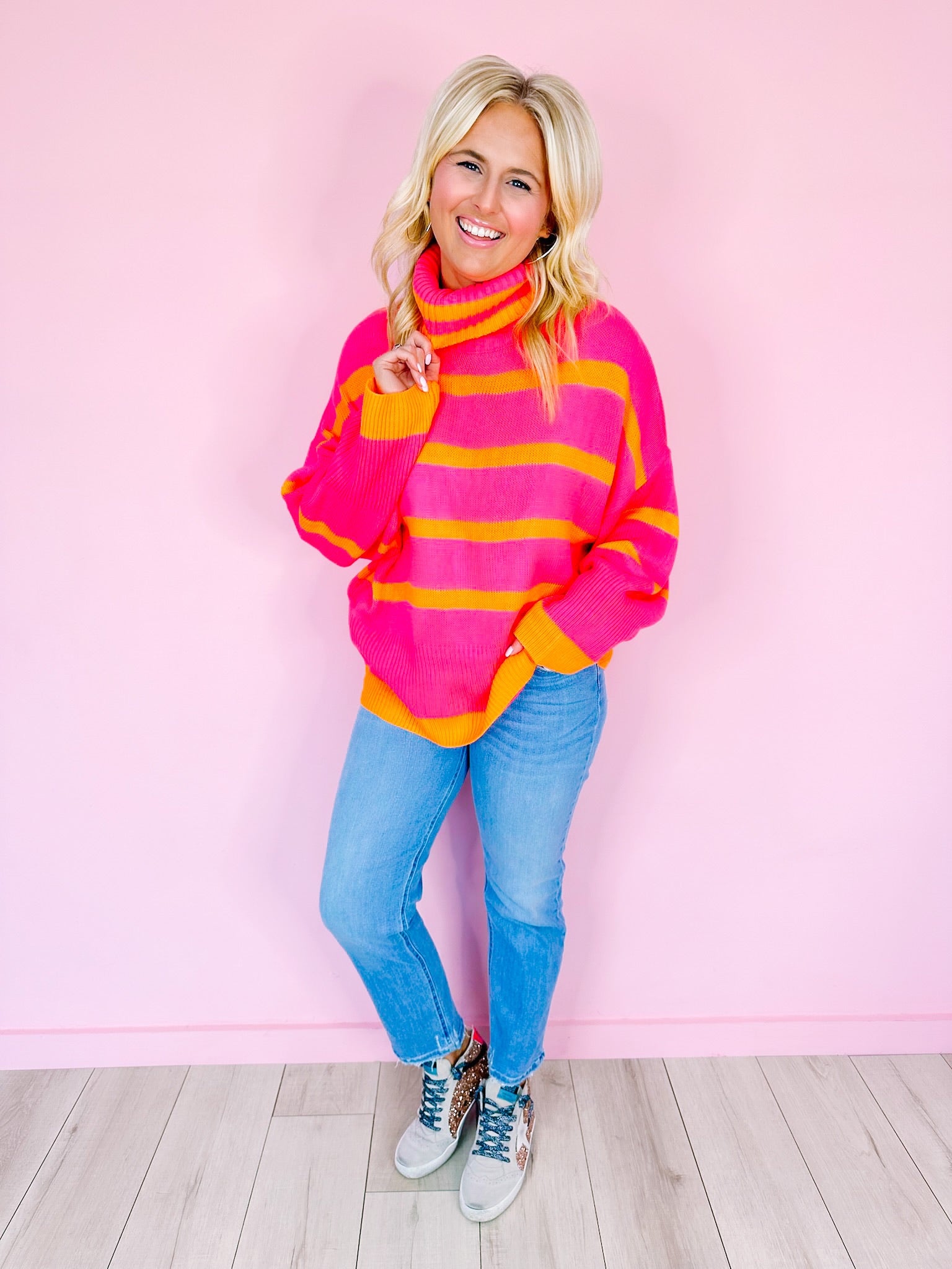 TRINA STRIPE TURTLENECK SWEATER - PINK/ORANGE