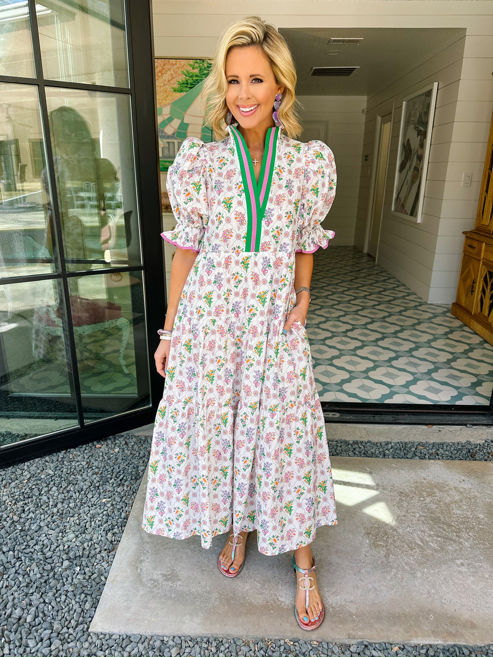 AN AFTERNOON AMONG THE FLORAL TRELLIS MIDI DRESS - WHITE